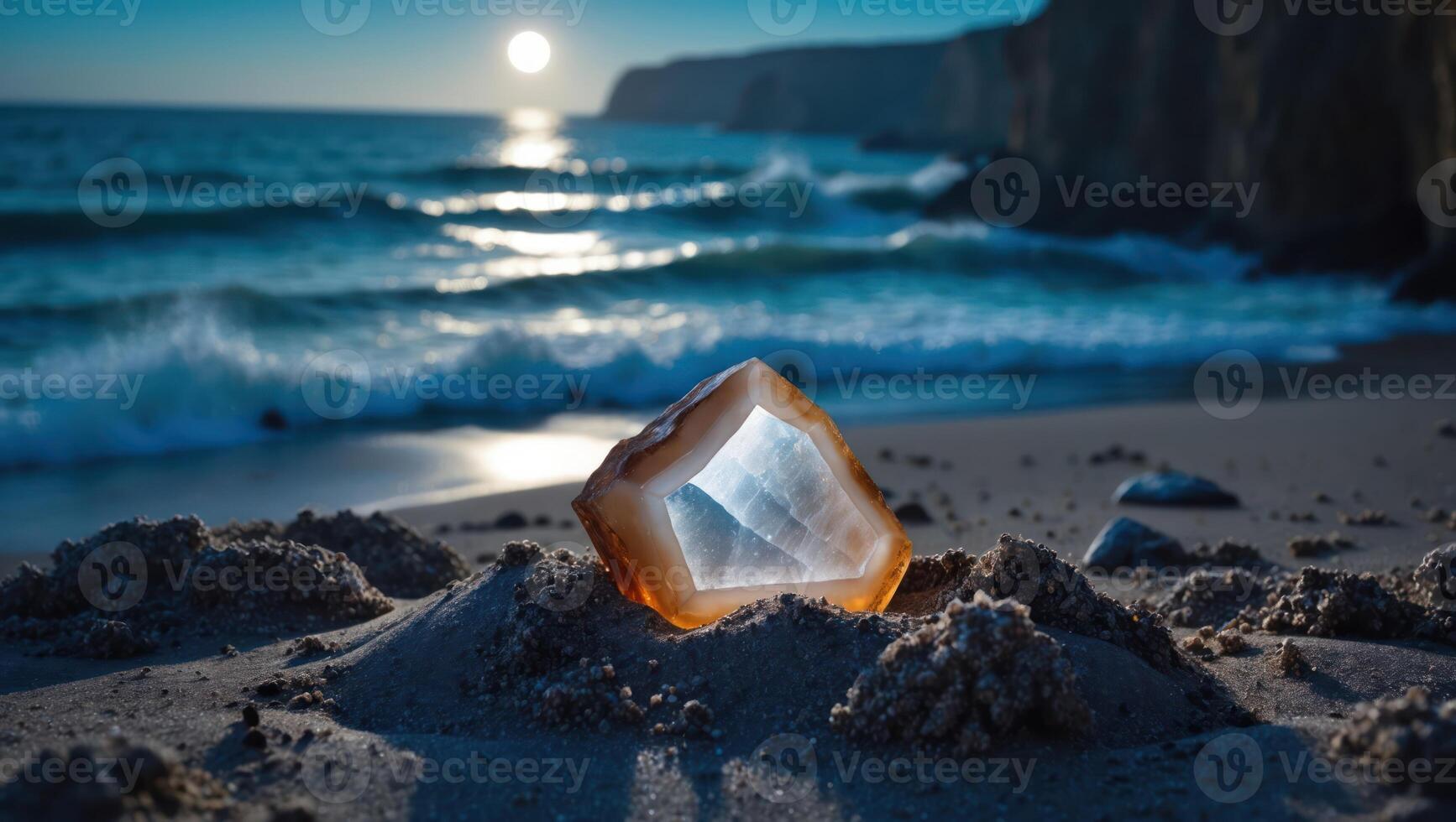 Agate Slice on Sandy Beach with Ocean Waves at Sunset photo