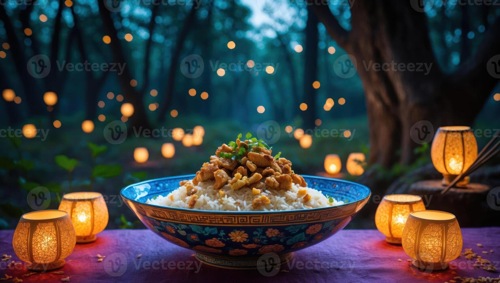 Dinner with Rice and Meat in Forest Setting with Lanterns photo