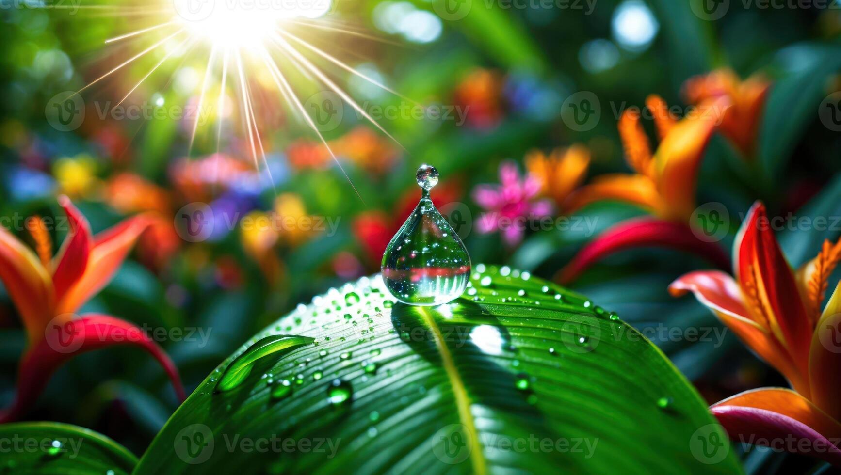 Water Drop on Green Leaf in Lush Colorful Garden Setting photo