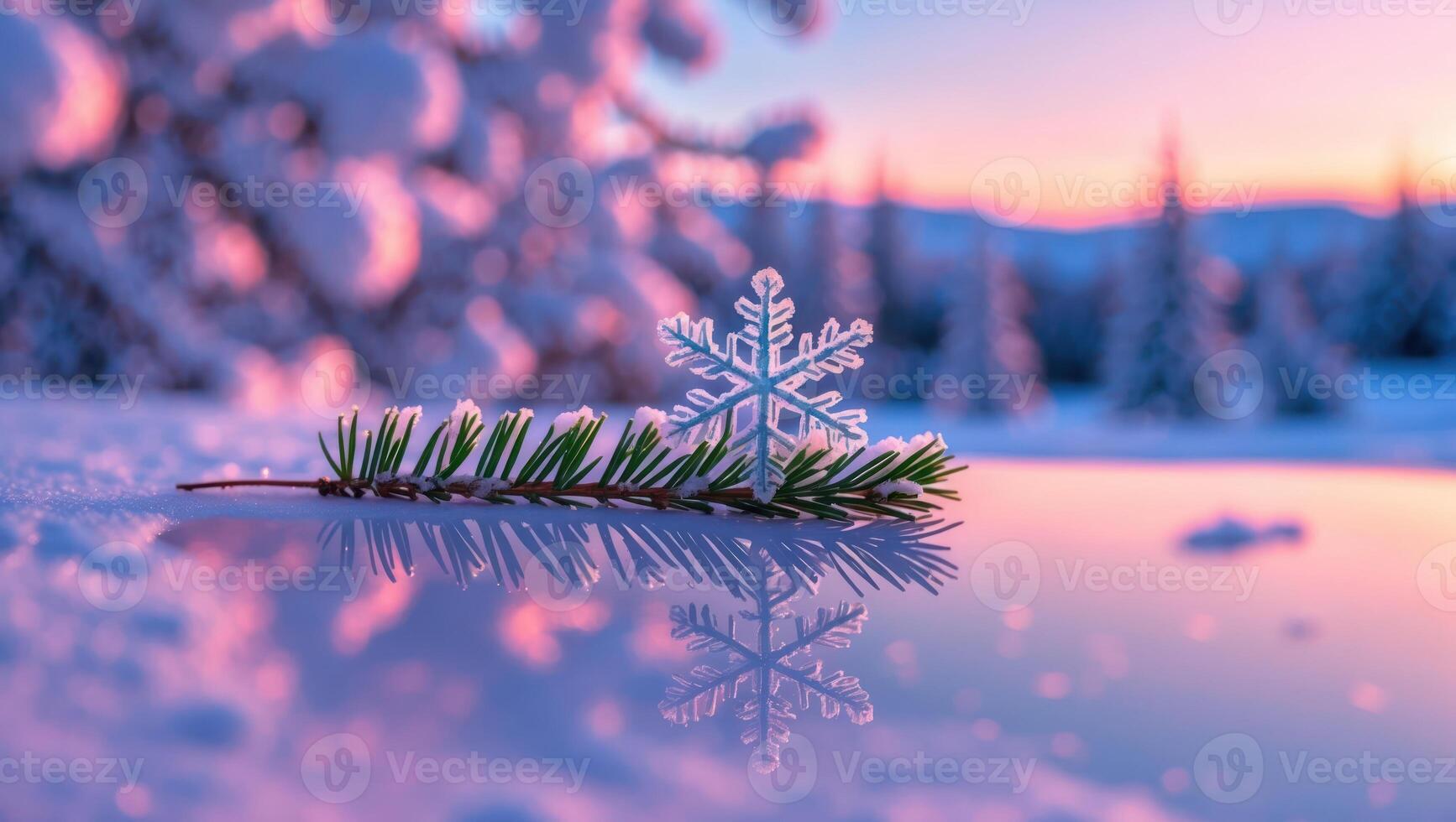 Snowflake Ornament on Pine Branch Reflecting in Winter Landscape at Sunset photo