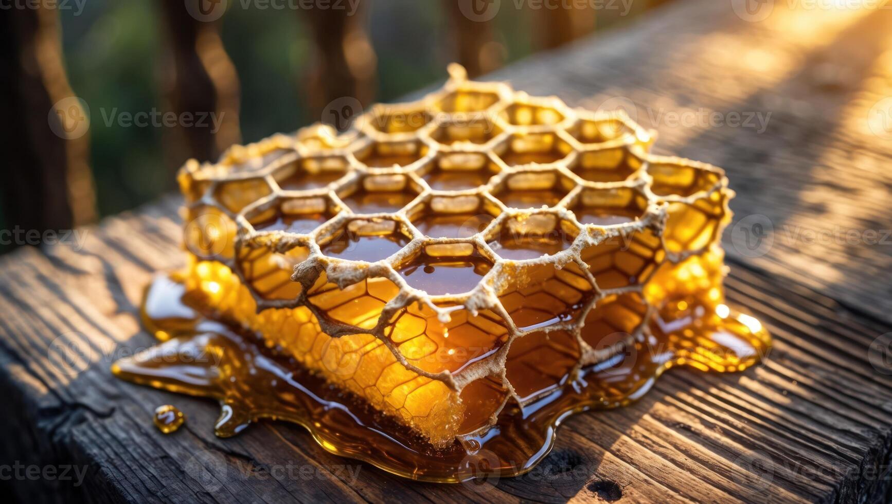 Honeycomb with Dripping Honey on Rustic Wood in Sunlight photo