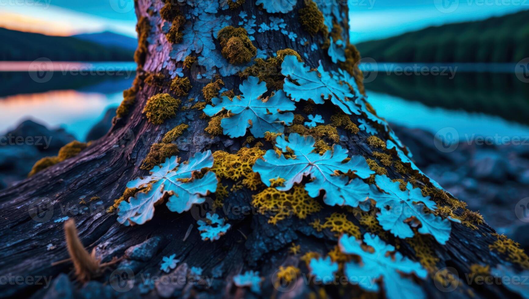 Tree Trunk Detail with Lichen and Moss Along Calm Lake Shore photo