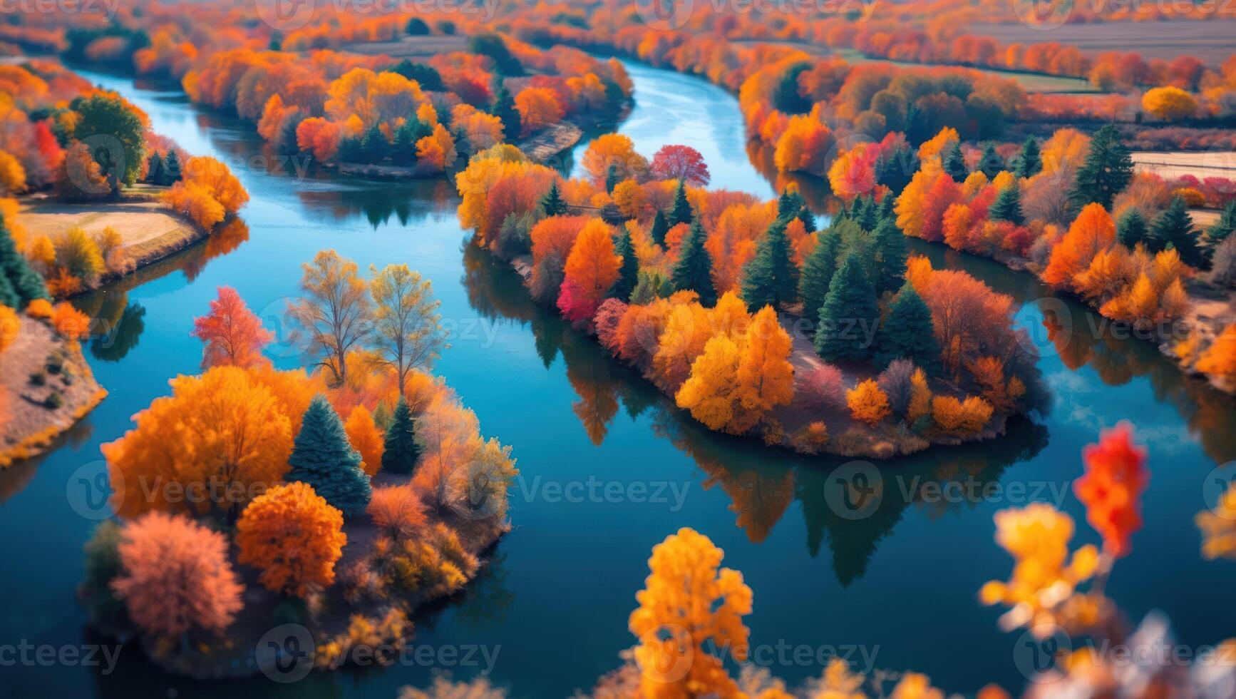 Aerial View of Winding River in Autumn with Vibrant Fall Foliage photo