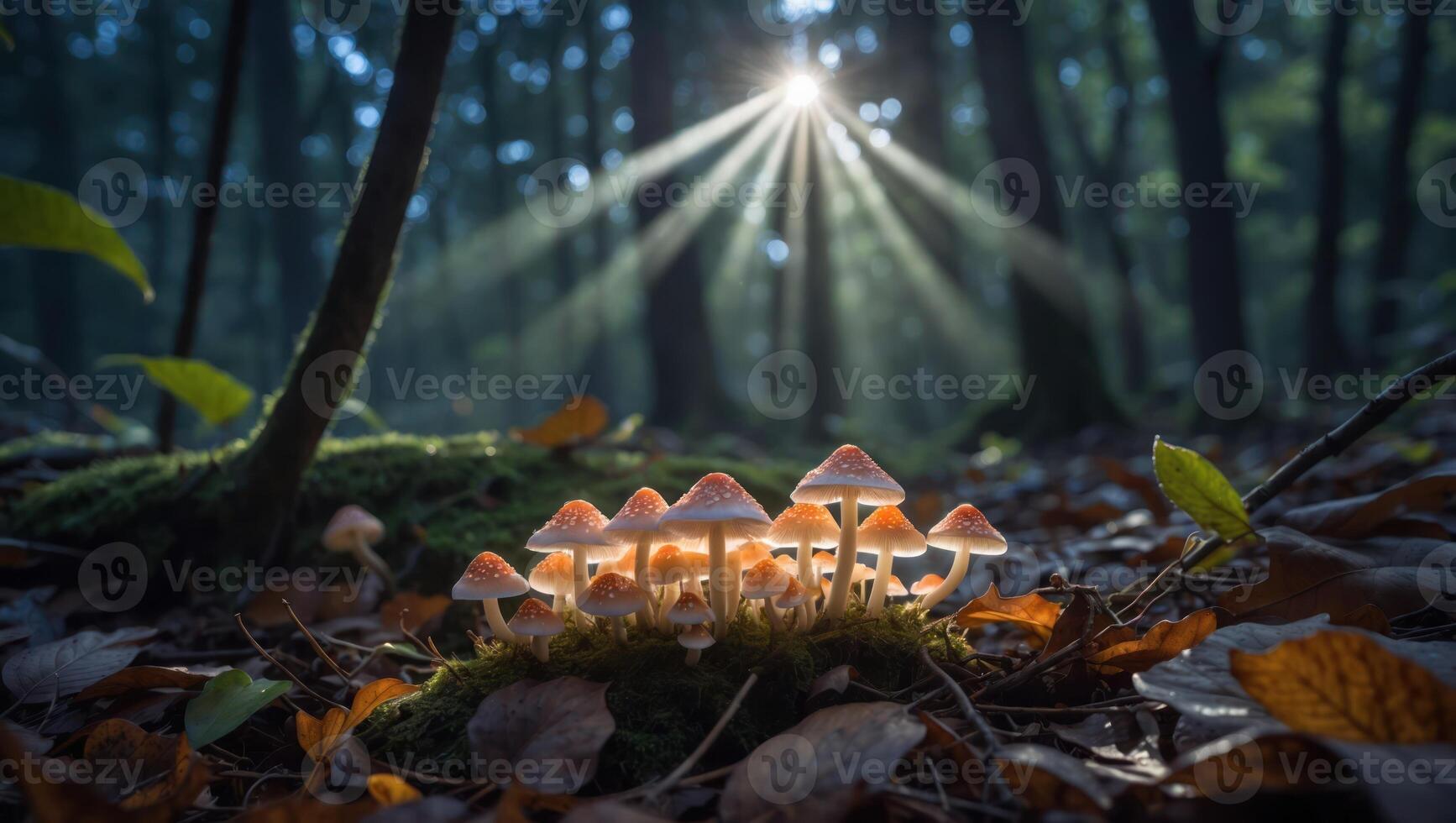 Mushrooms Growing in Forest with Sunlight Streaming Through the Trees photo