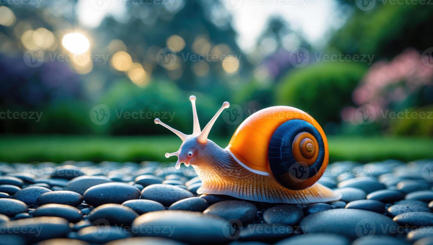 Snail Moving on Pebbles in Garden with Bokeh Sunlight Background photo
