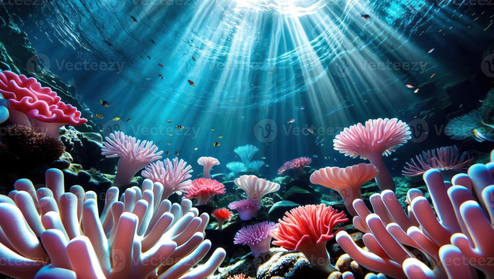 Exploring Underwater Colorful Coral Garden with Light Rays Shimmering Through photo