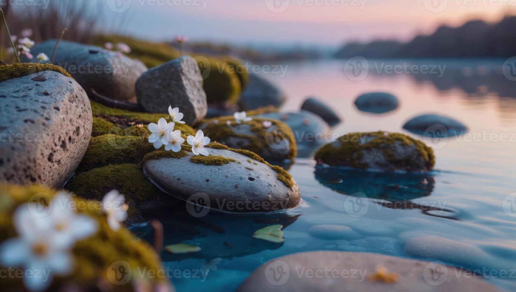Stones and Blossoms by Water at Dusk Serene Lakeside Scene photo