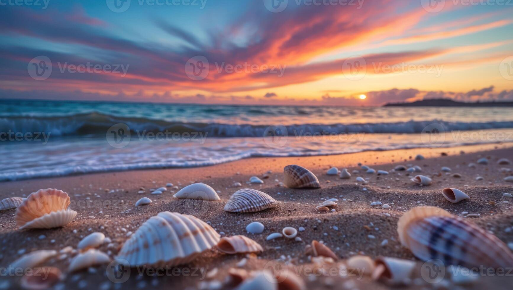 Seashells on Sandy Beach at Colorful Sunset Reflecting on Gentle Waves photo