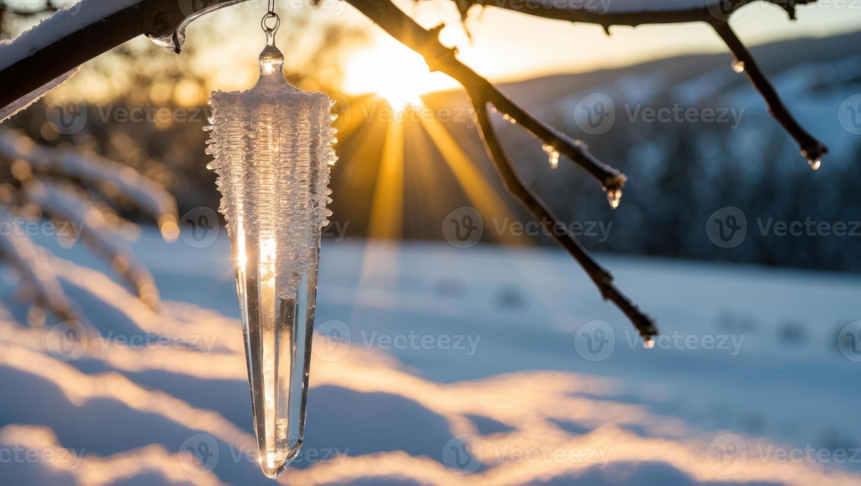 Icicle Hanging From Branch with Winter Sunset and Snowy Landscape photo