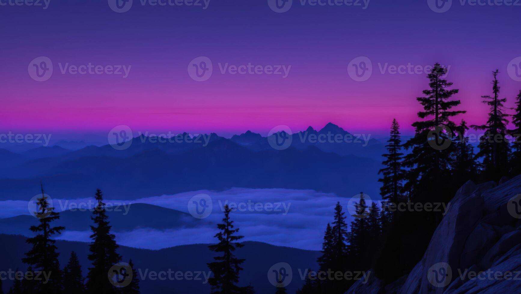Majestic Mountain Range Landscape with Trees at Twilight with Fog photo