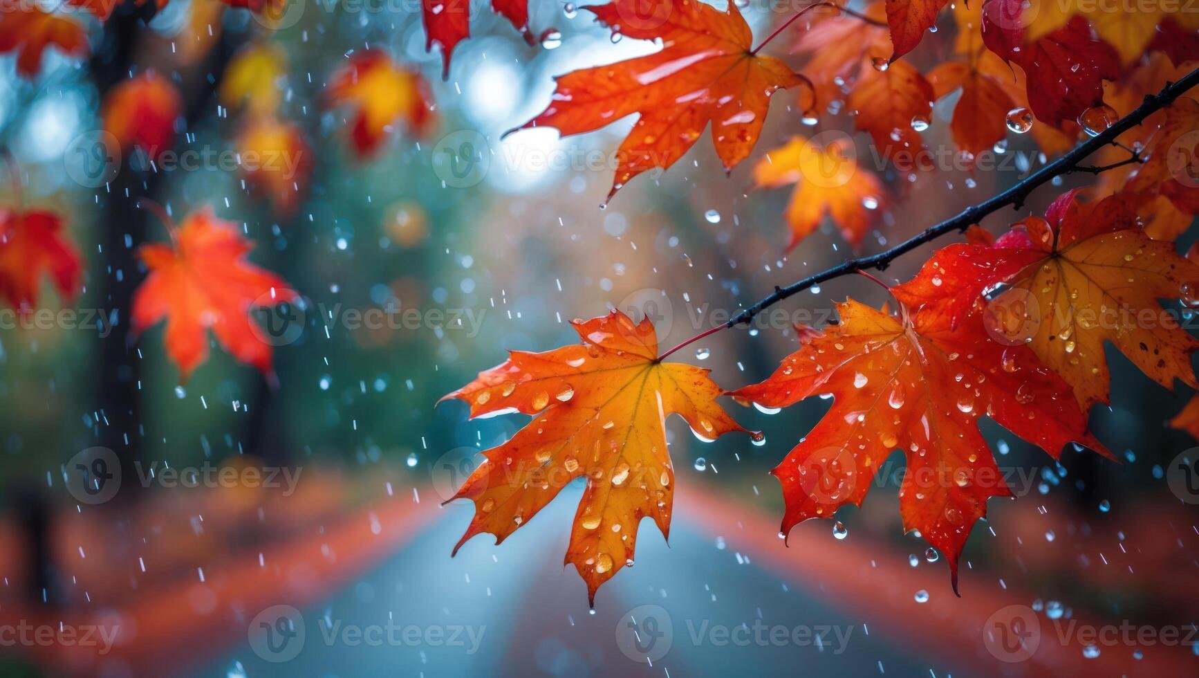 Maple Leaf Raindrops in Autumn Forest Road Wet Weather Scenery photo