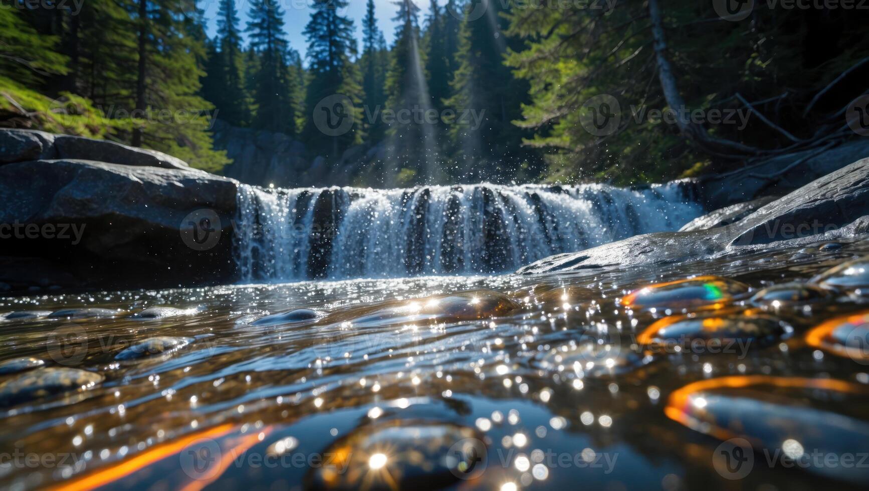 Cascading Waterfall Scene Flowing Through Rocks with Reflections and Sunshine photo
