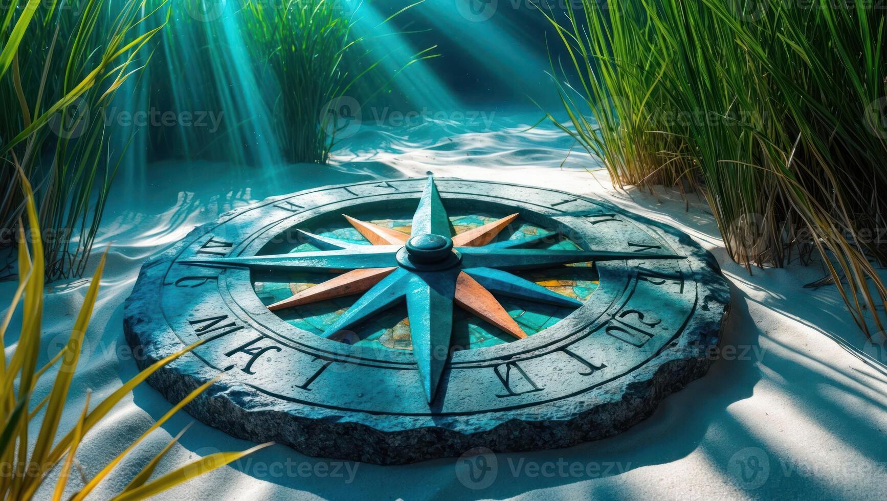 Stone Compass on Sandy Ocean Floor with Sun Rays Shining Through photo