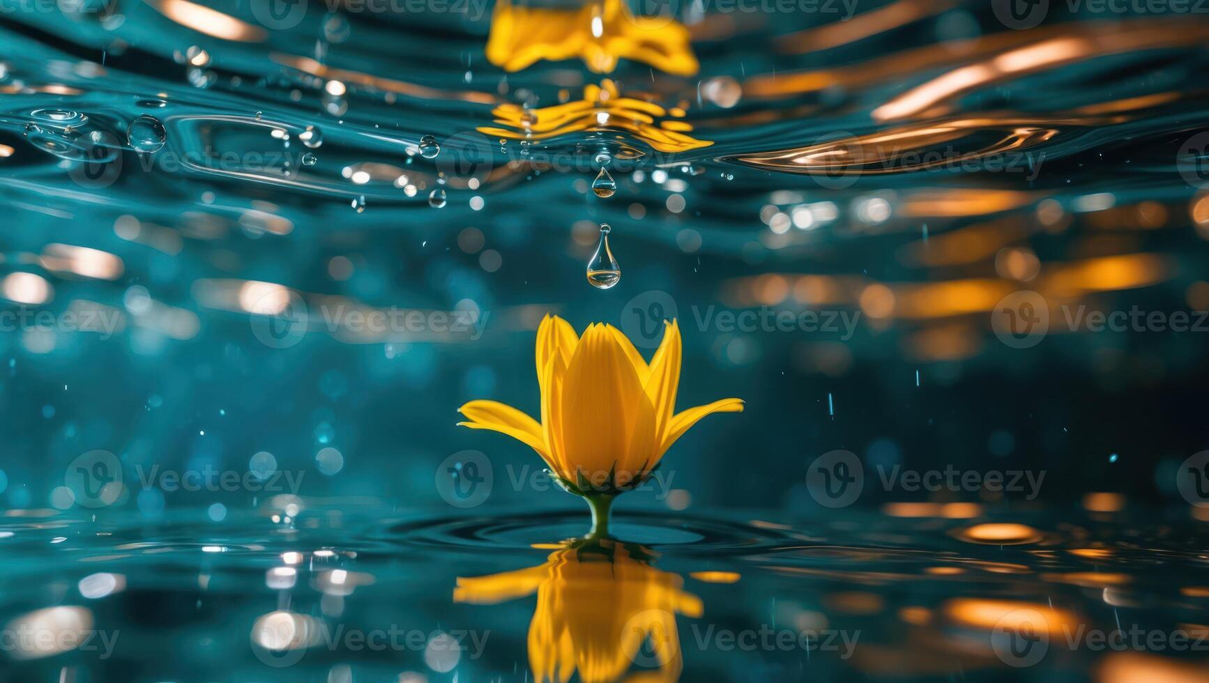 Yellow Flower Floating on Water with Droplets and Reflection photo