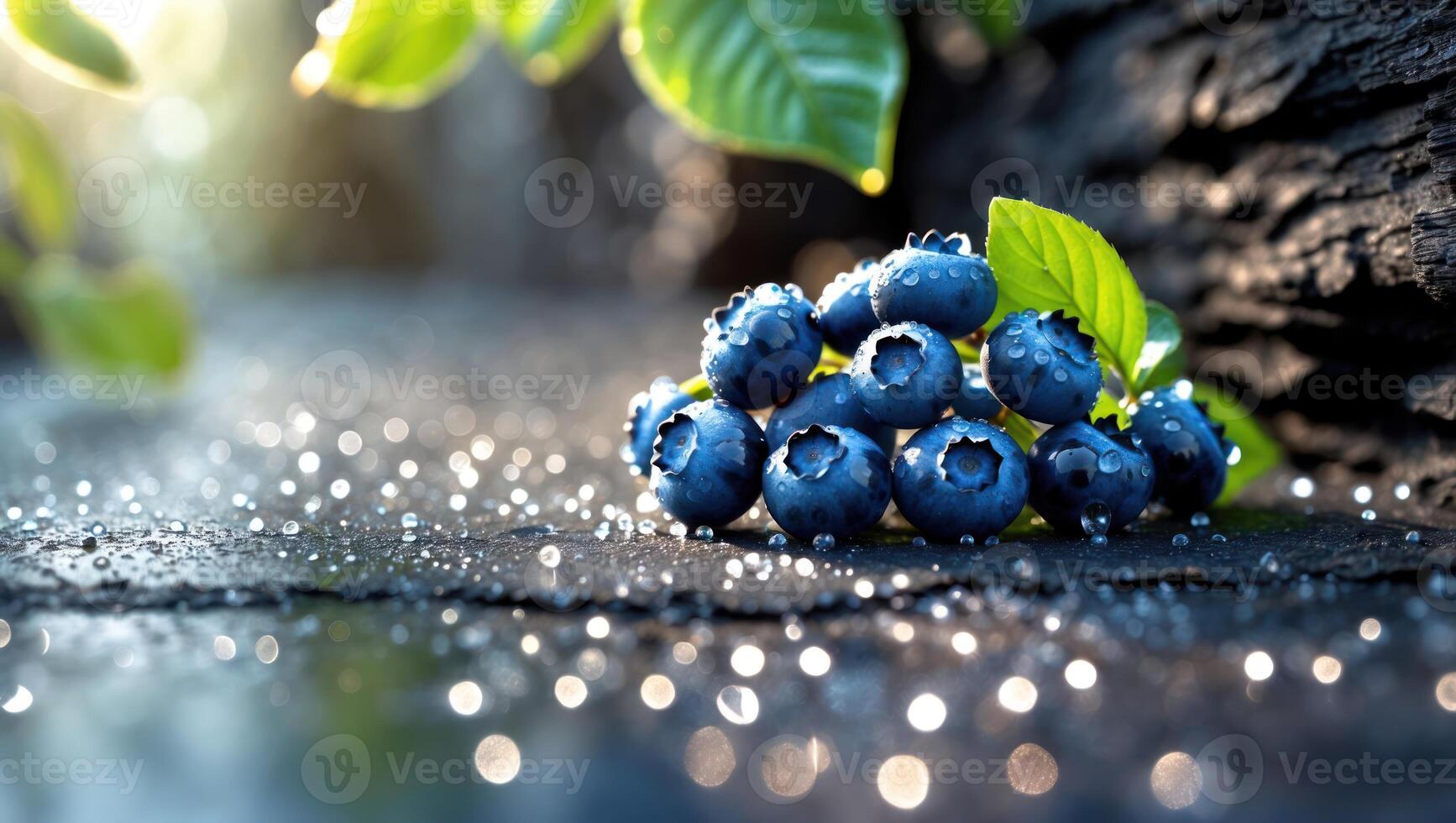 Fresh Blueberries Still Life with Sparkling Water Droplets and Natural Light photo