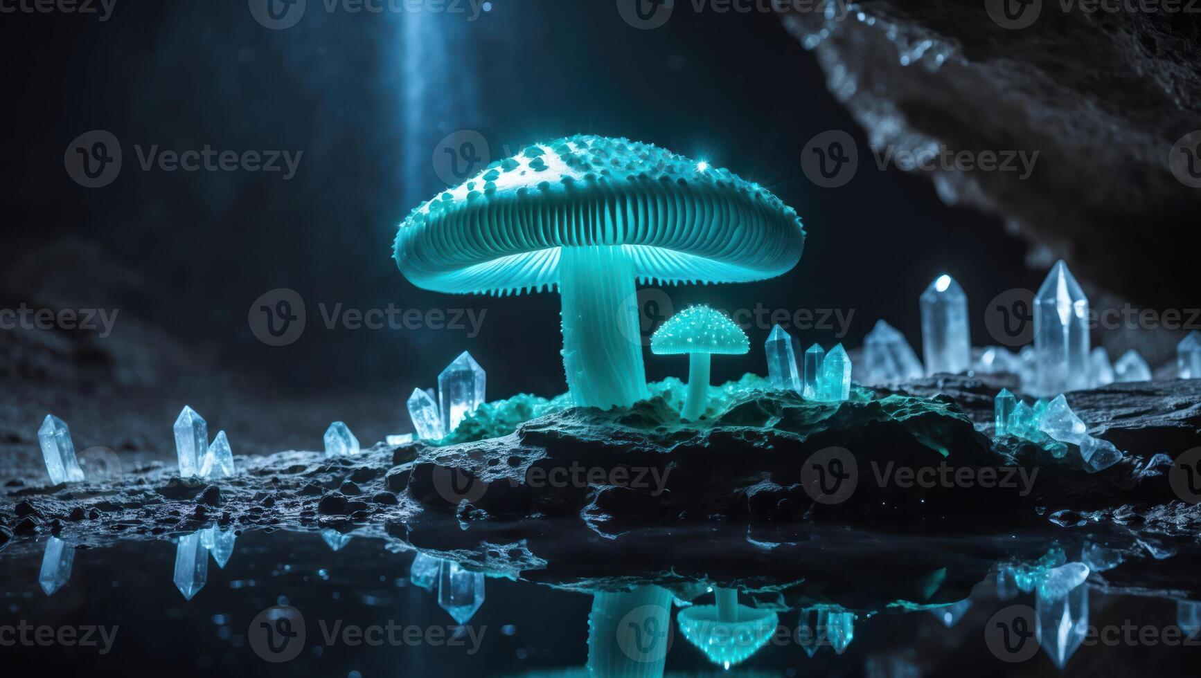 Glowing Mushroom and Crystal Cave Reflection in Calm Water photo