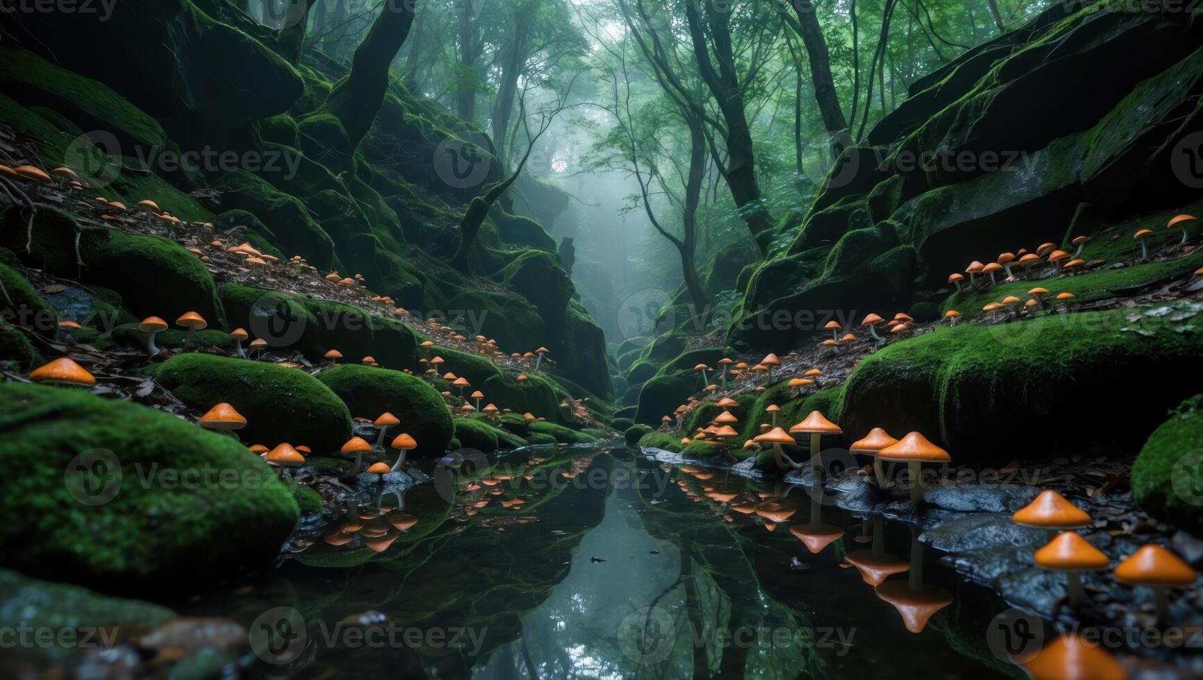 Mushrooms Reflecting in Stream Water Inside a Mystical Green Forest photo