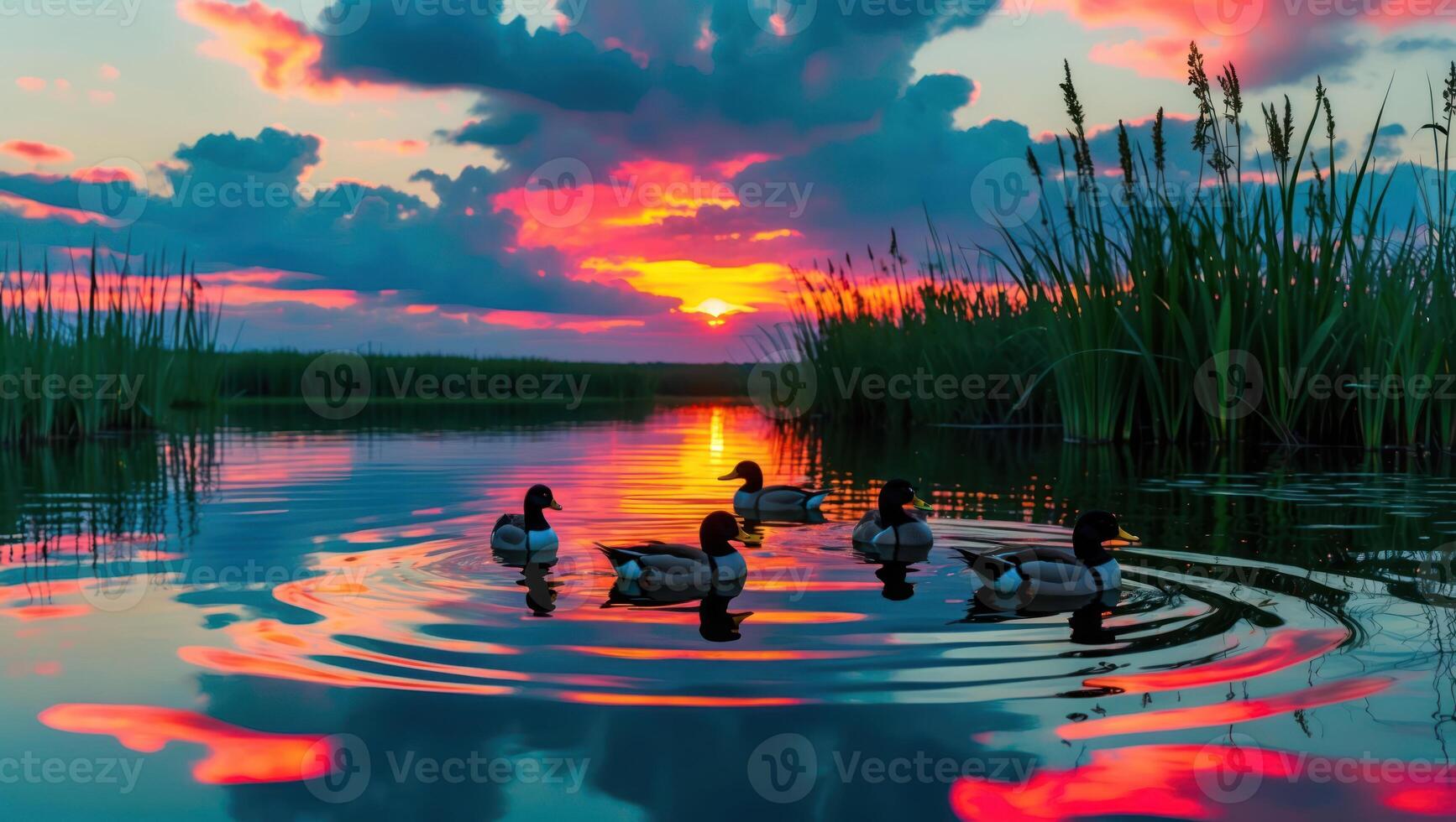 Ducks Swimming in Calm Lake Reflecting Sunset and Tall Grass photo