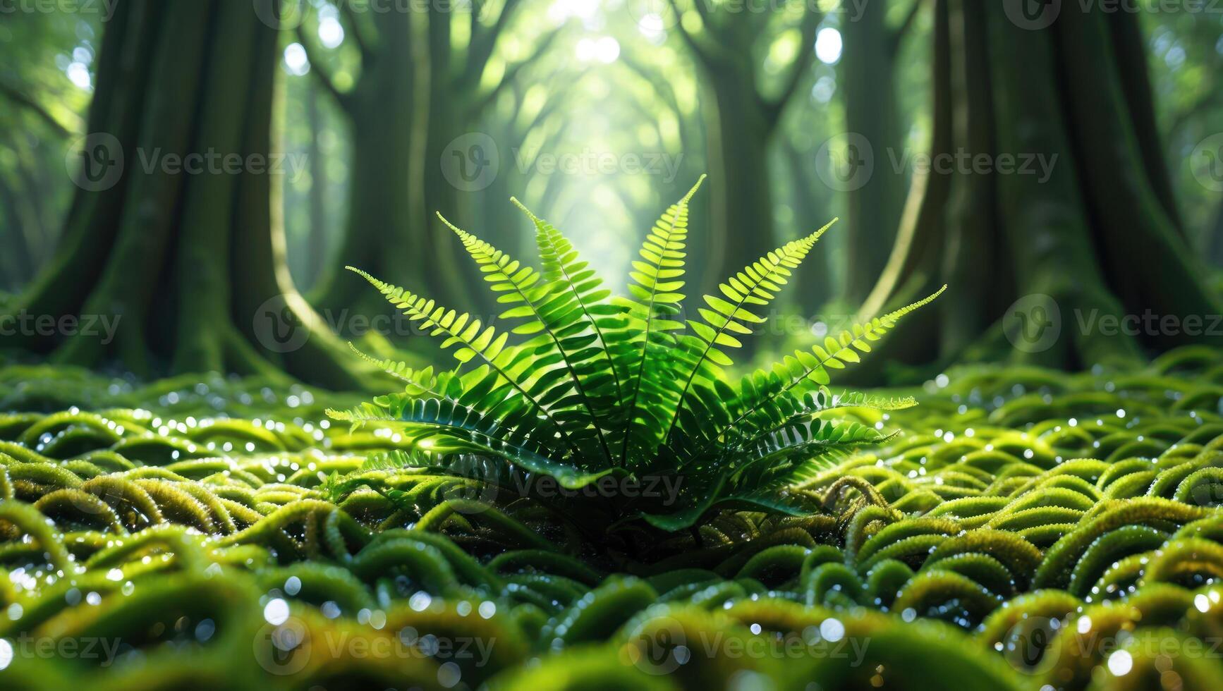 Fern Growing in Forest Floor with Lush Green Moss Texture photo
