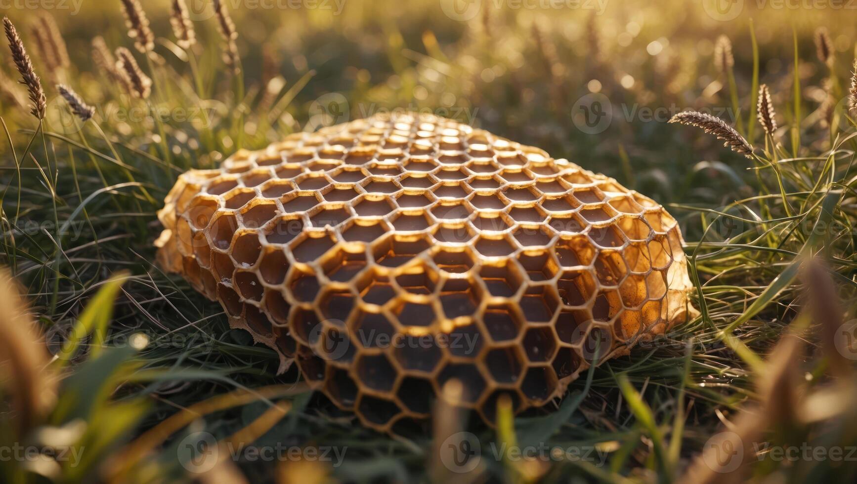 Honeycomb Structure with Honey on Grass in Natural Setting Outdoors photo