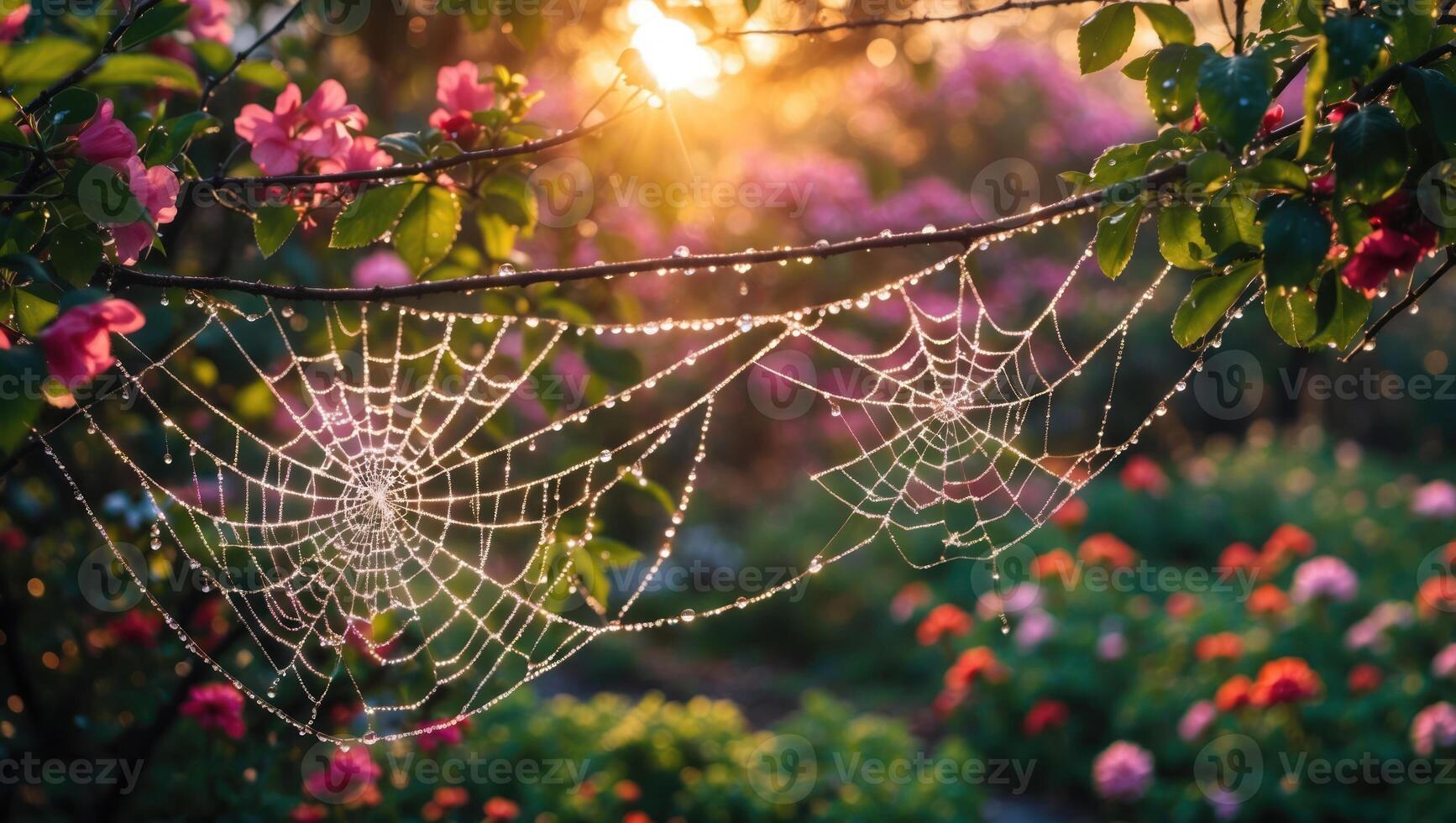 Spiderweb with Dew Drops Sparkling in the Sunlight in Garden photo