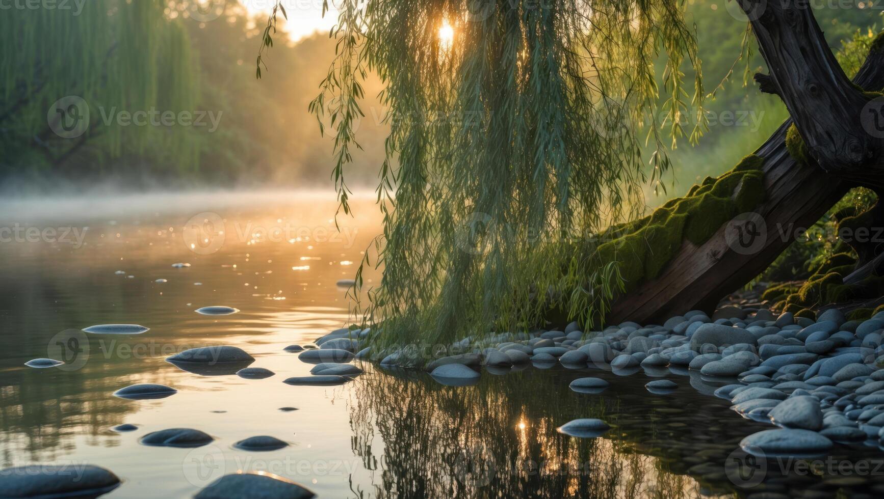 Reflecting River at Sunrise Serene Willow Tree and Stones photo