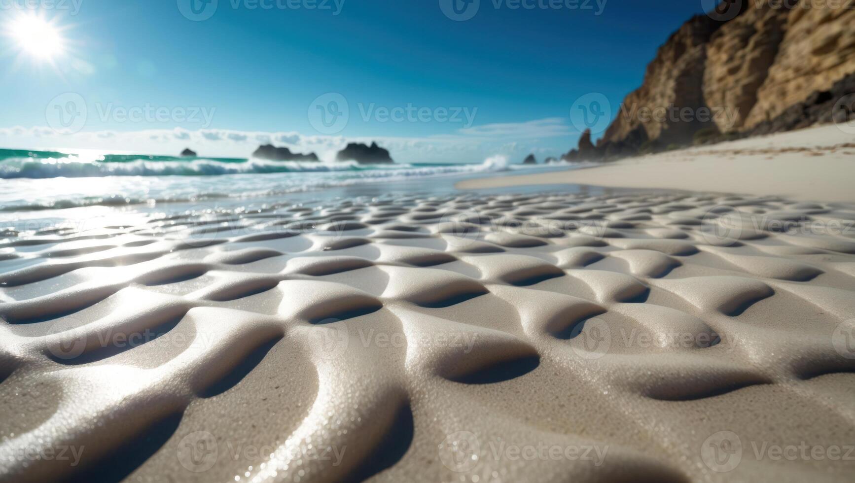 Beach Sand Patterns at Low Tide with Distant Cliffs and Waves photo