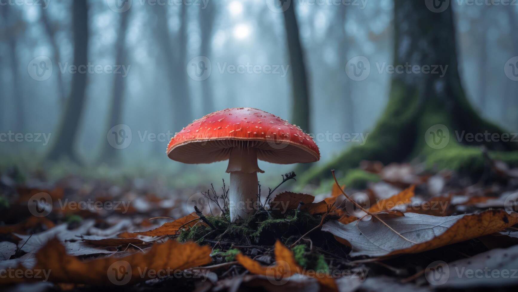 Red Mushroom Standing in Forest with Foggy Background and Autumn Leaves photo