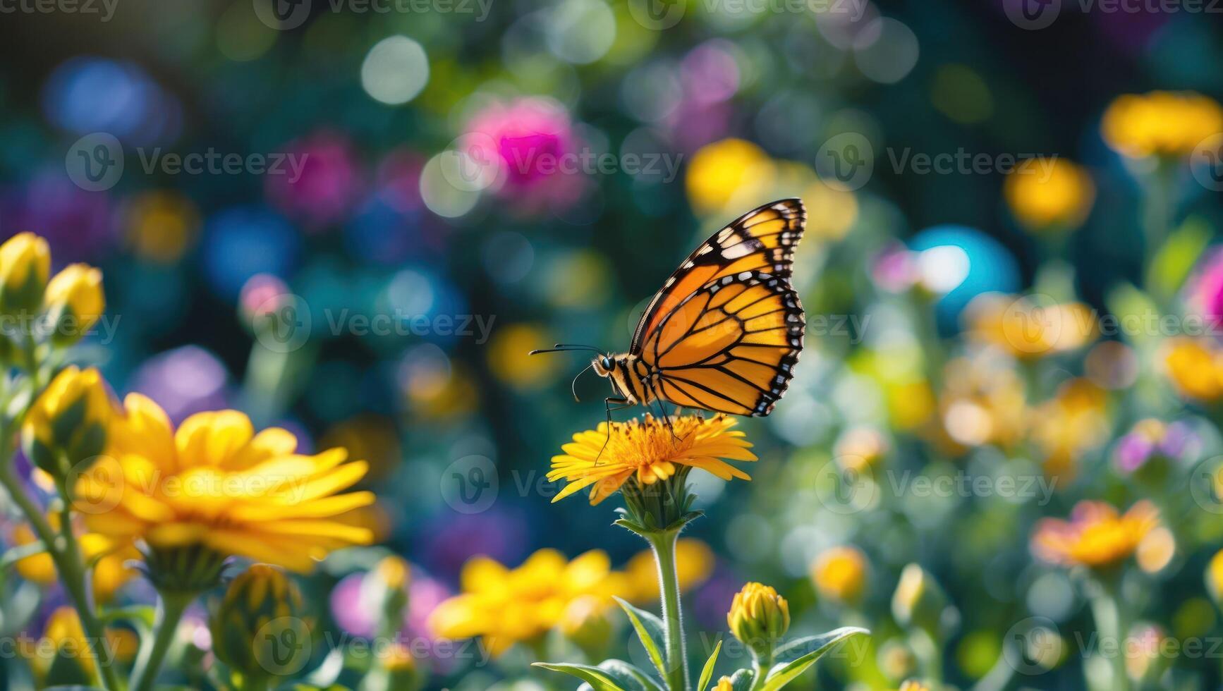 Butterfly Resting on a Yellow Flower in a Colorful Garden Setting photo