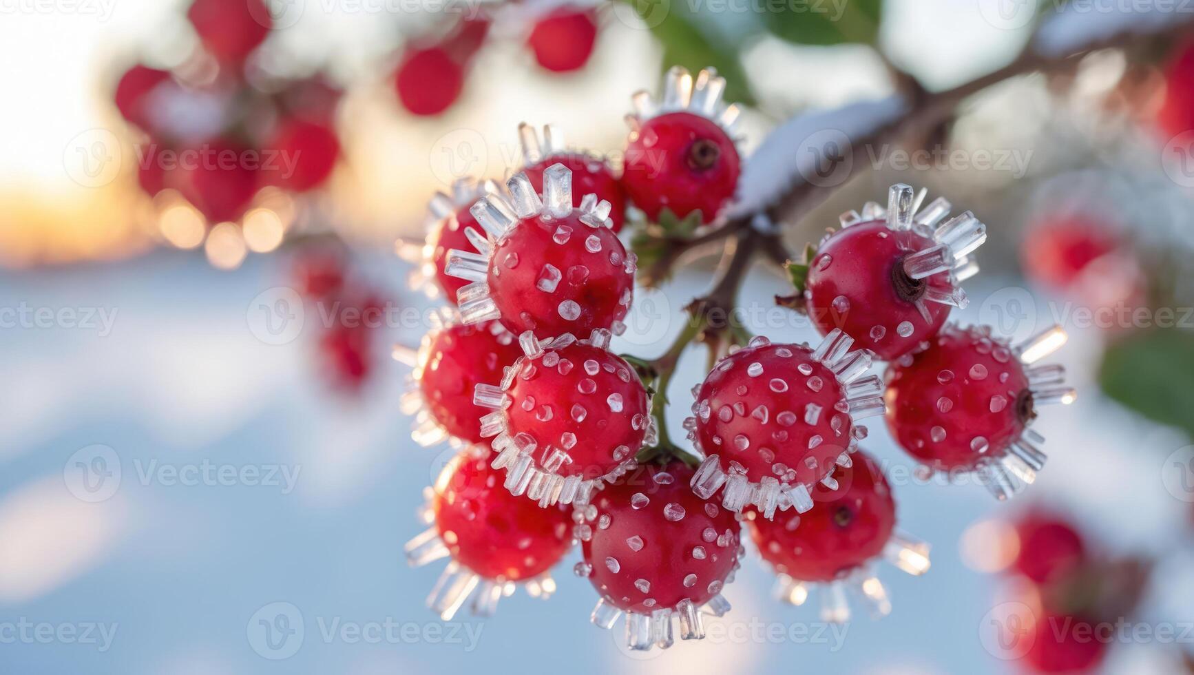 Red Berries Covered in Ice Crystals Sparkling in Winter Sunlight photo