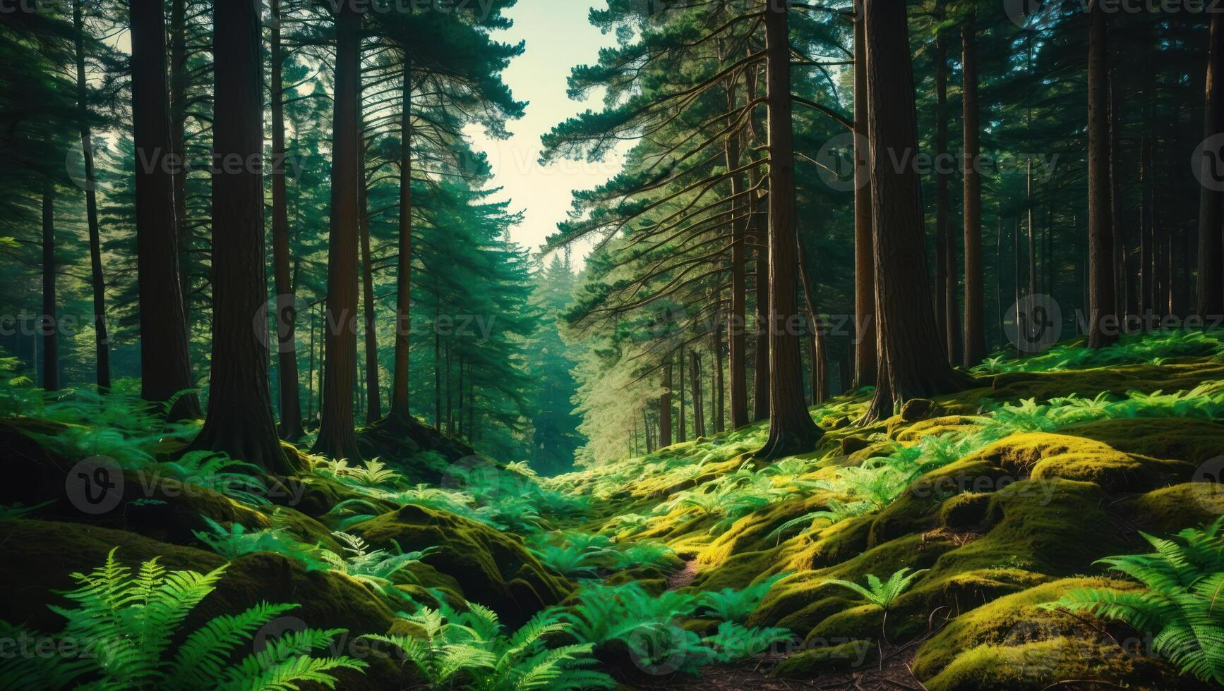 Walking Through Green Forest with Ferns and Mossy Rocks photo