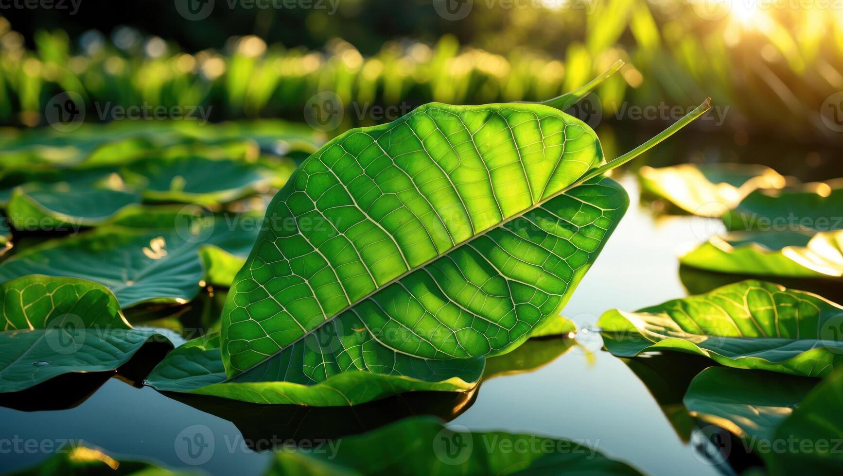 Floating Green Leaf in Pond with Sunlit Water and Reflections photo