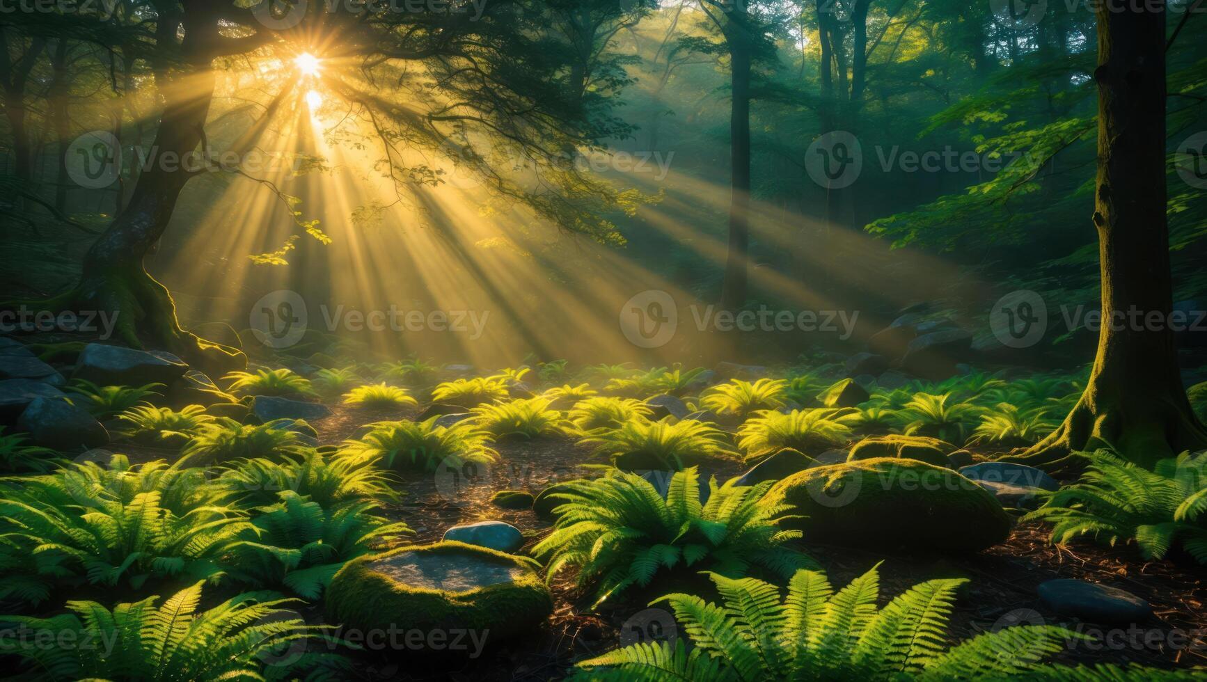 Sun Rays Shining Through Trees in Forest with Green Ferns photo