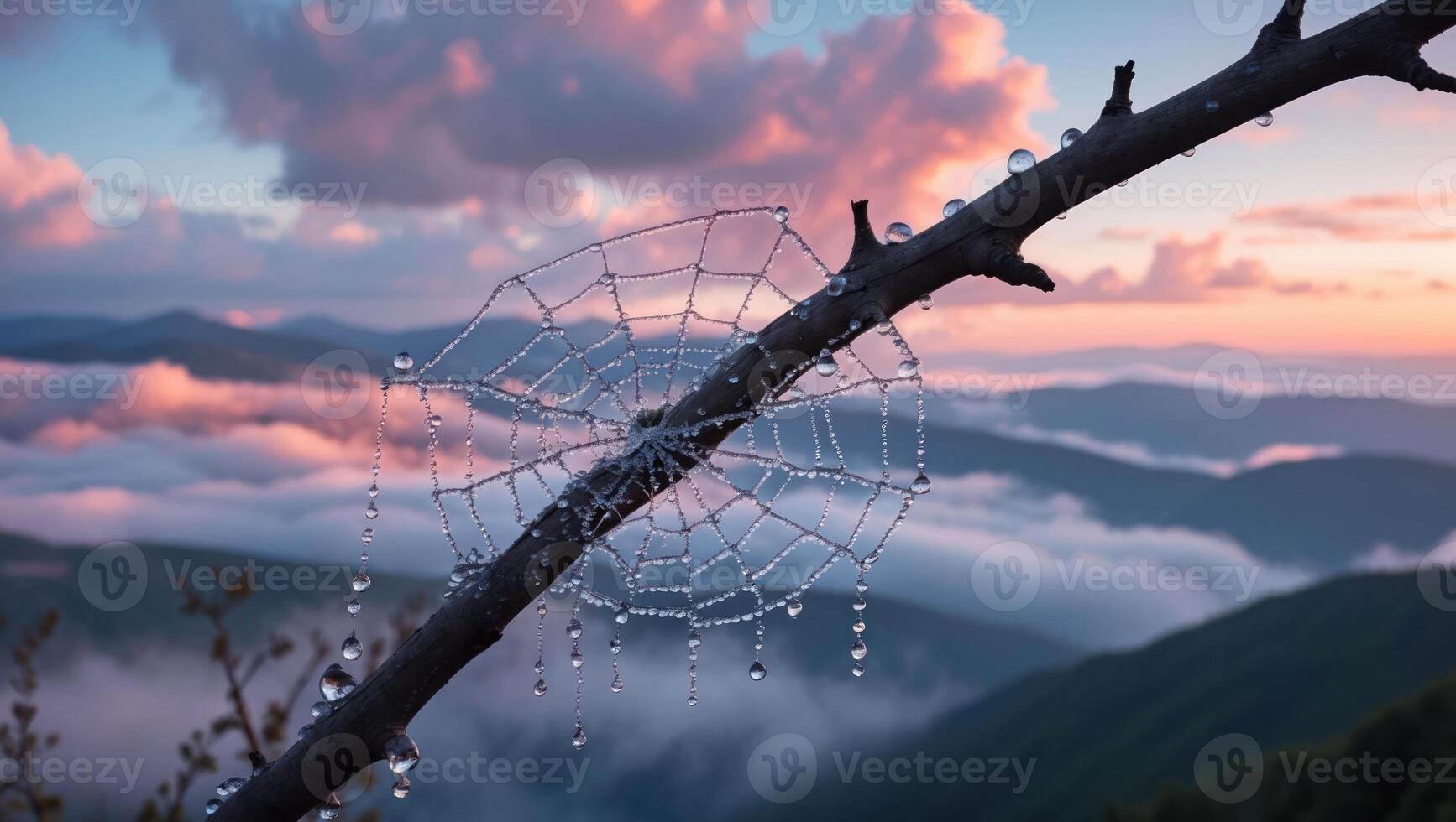 Dew Covered Spiderweb on Branch with Mountain Sunset Background photo