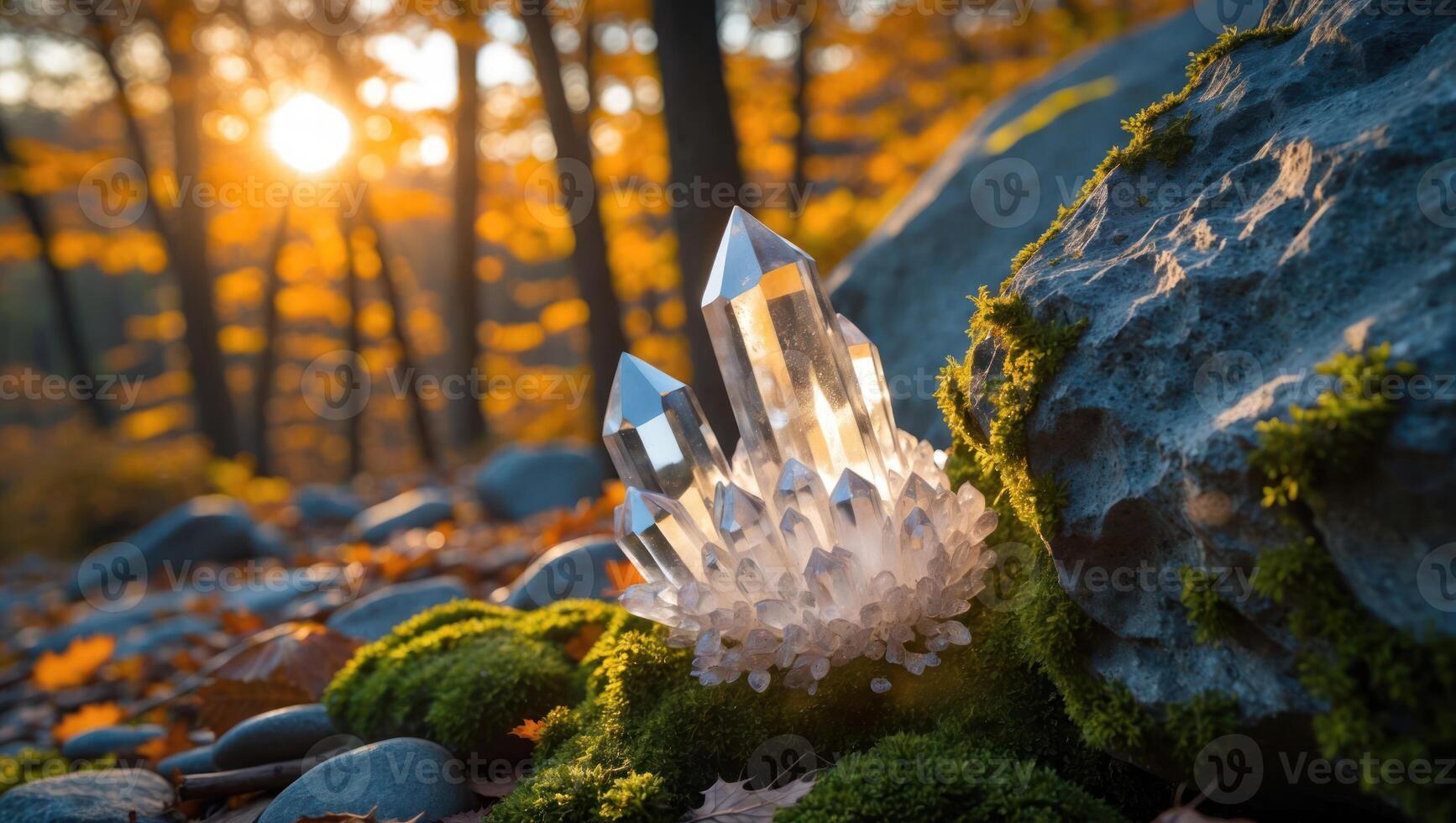 Crystal Cluster Shining on Mossy Ground in Forest at Sunset photo