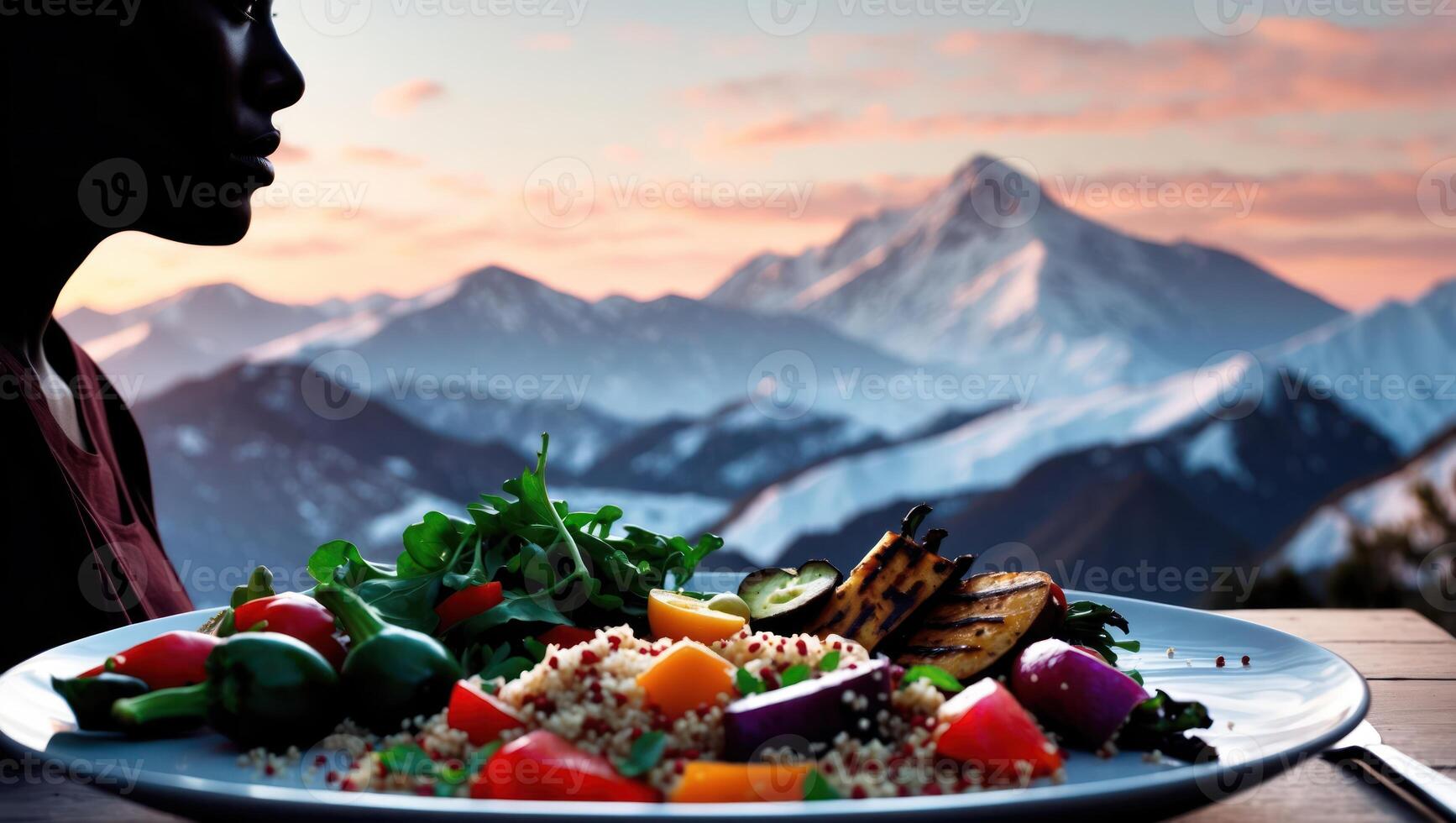 Enjoying Fresh Salad Plate with Mountain View for a Healthy Meal photo