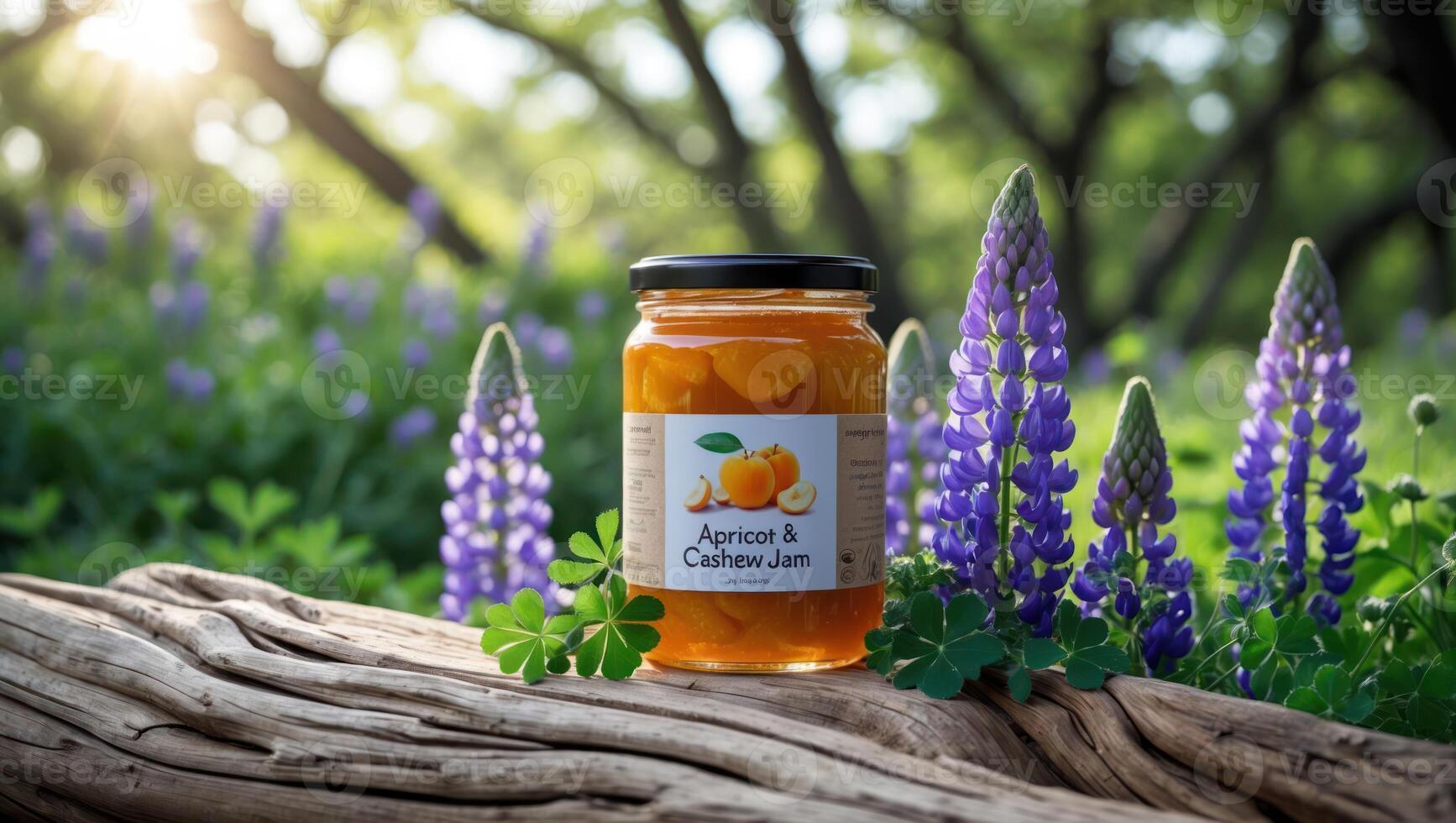Apricot Jam on Wooden Log with Purple Flowers in Natural Light photo