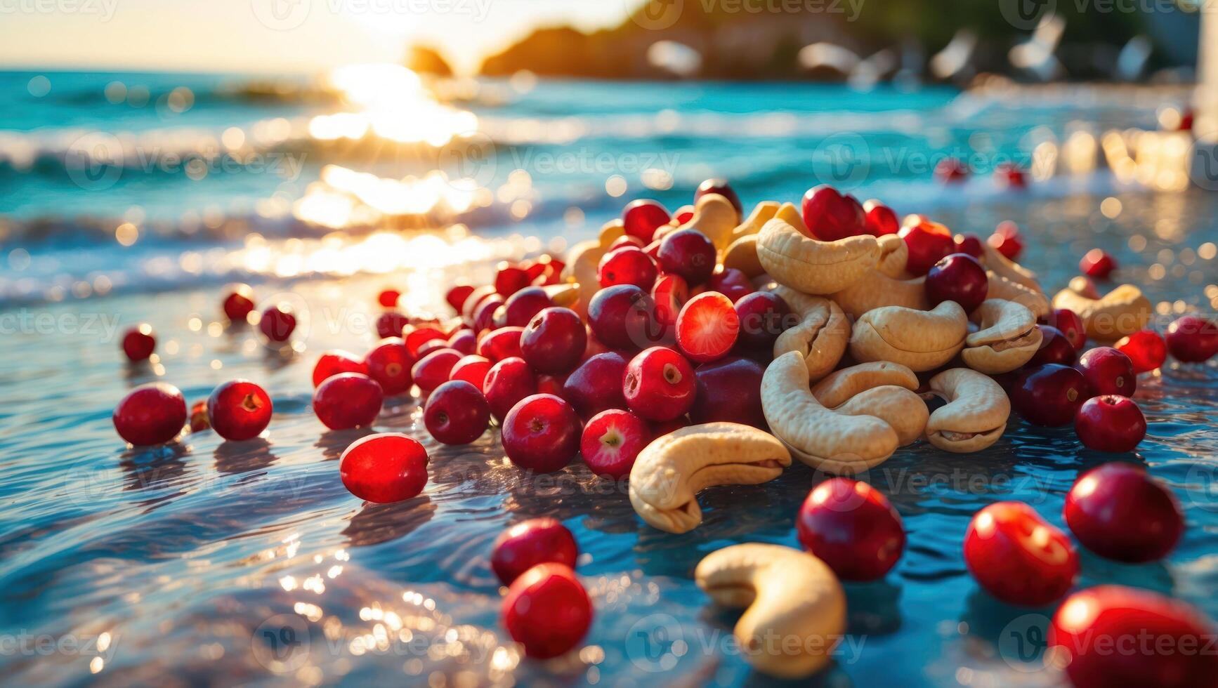 Cranberries and Cashews on Beach at Sunset with Ocean View photo