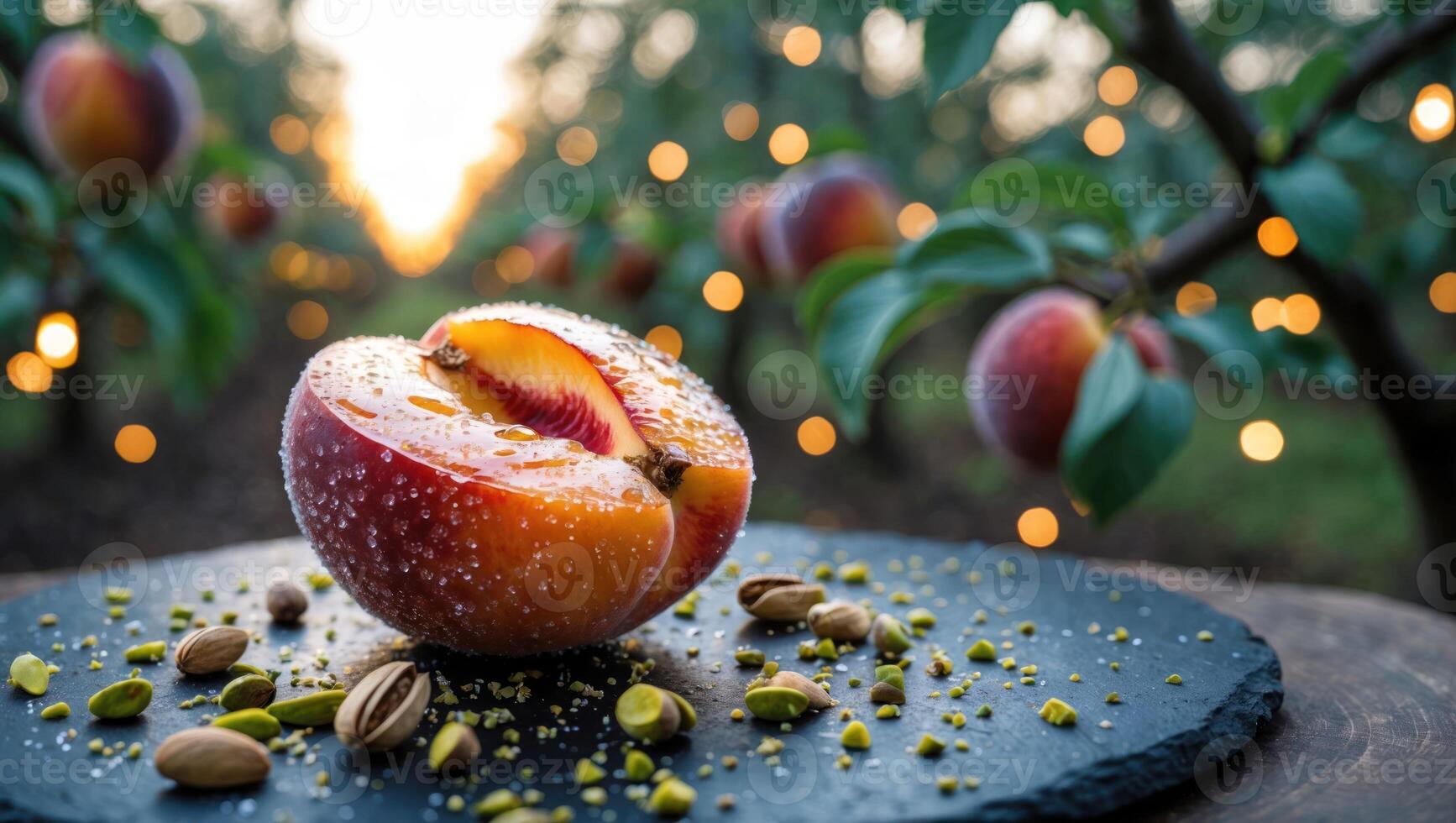 Sliced Peach with Pistachios in Orchard at Sunset Ready to Eat photo