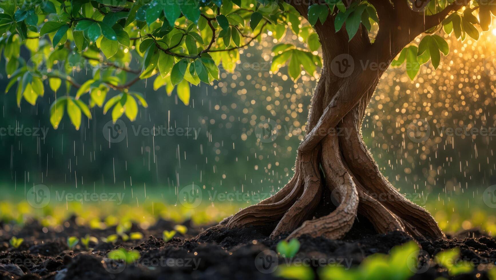 Tree in the Rain Sunlight Breaking Through Artistic Root Structure photo