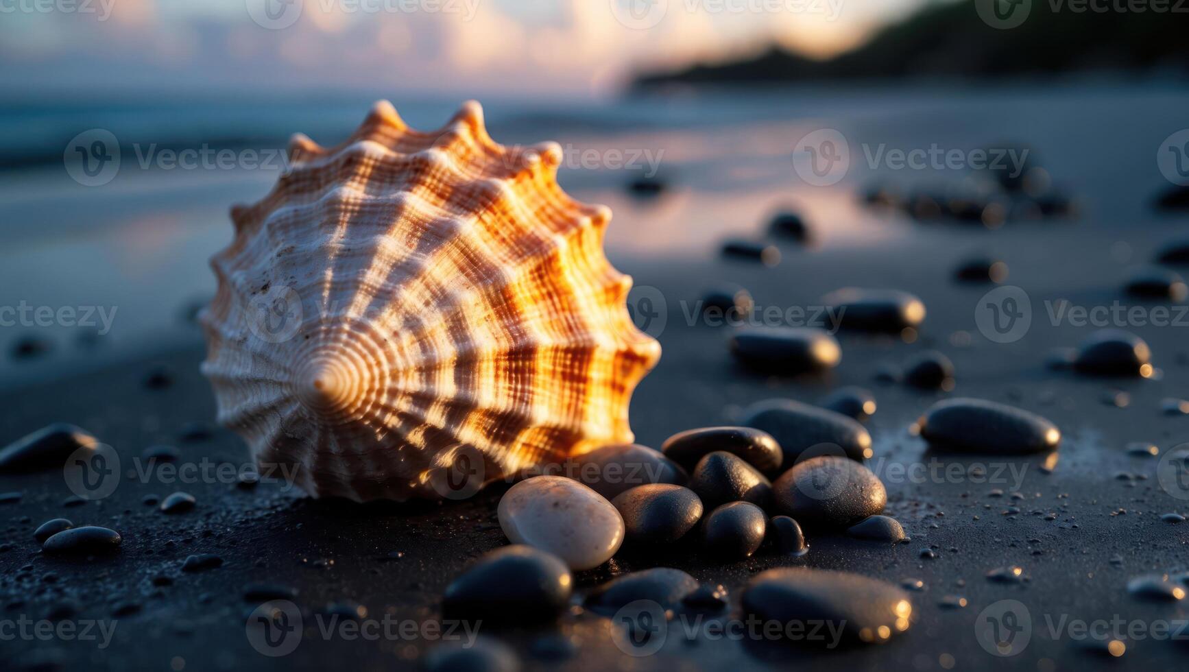Seashell and Smooth Stones on Beach at Sunset with Soft Light photo