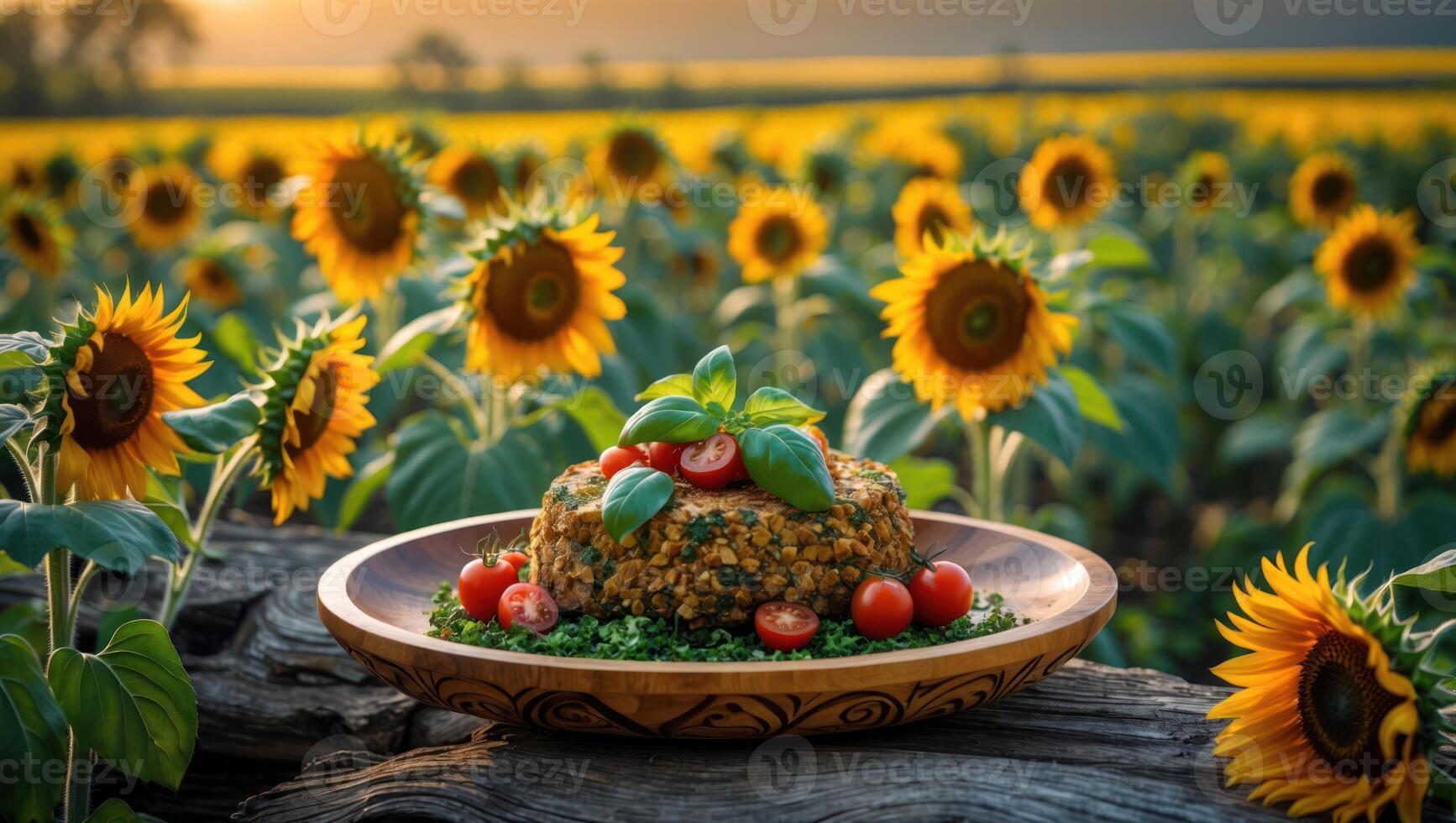 Serving of Plant Based Food Decorated with Basil, Tomatoes, in Sunflower Field photo