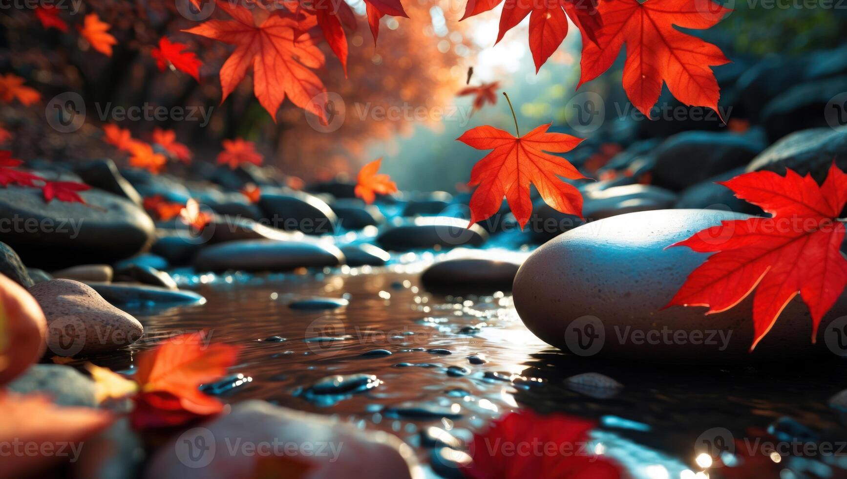 Autumn Leaves Falling on Gentle Stream with Smooth River Rocks photo