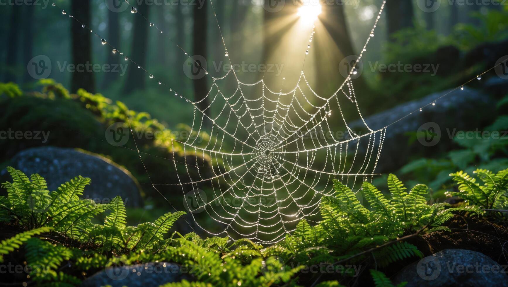 Spiderweb with Dew Drops Shines in Forest Sunlight Ferns Below photo