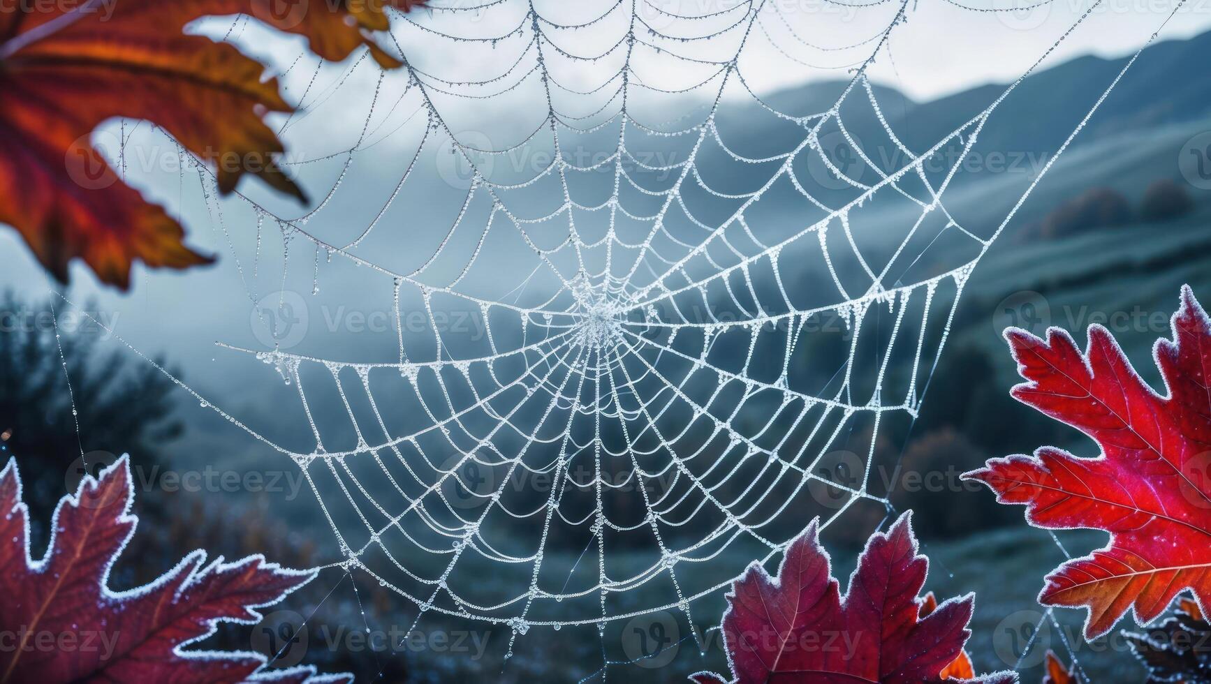 Frost Covered Spiderweb with Fall Leaves and Blurred Mountain Scenery photo