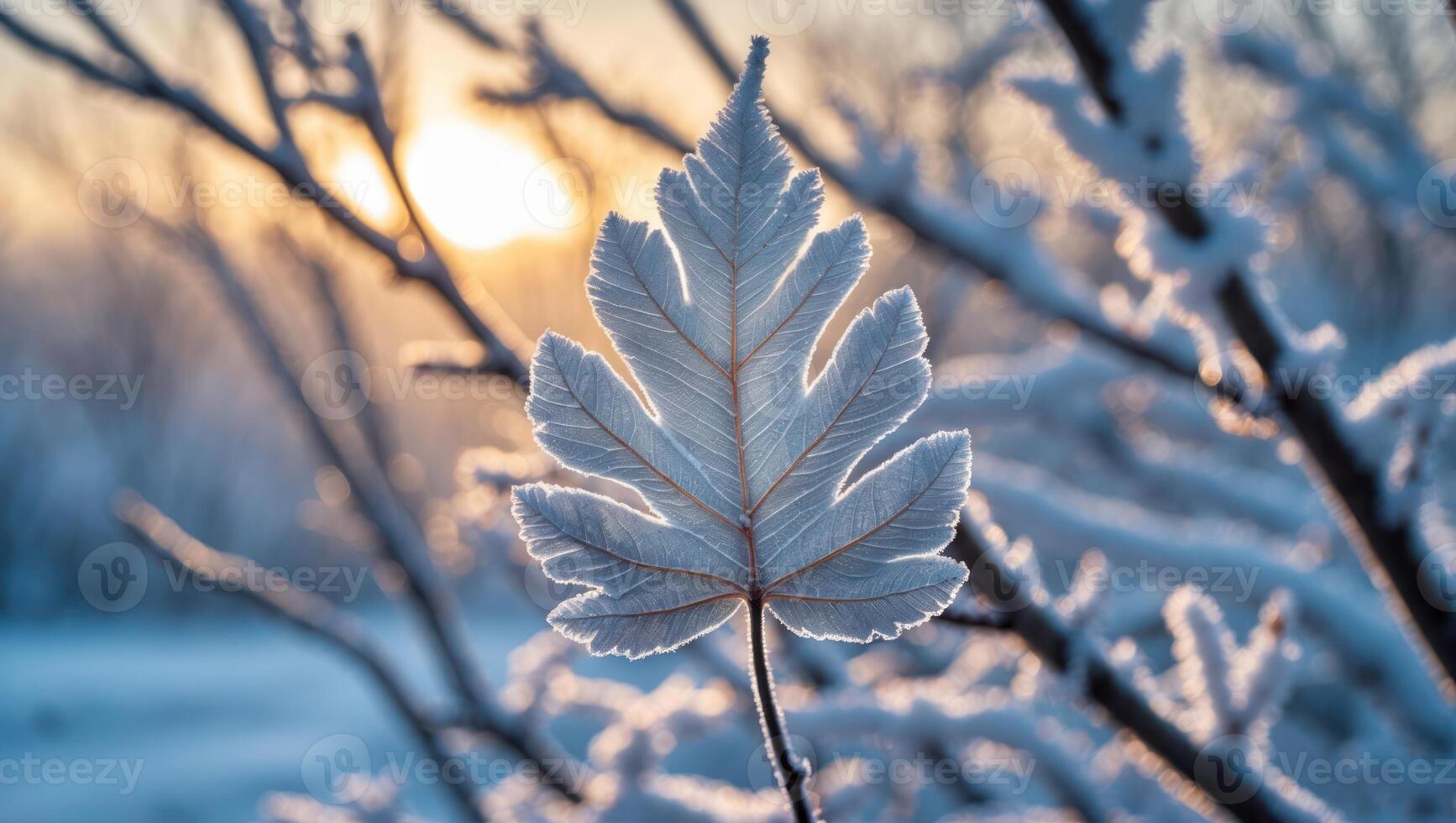 Frost Covered Leaf Shines with Winter Sunrise Light and Snow photo