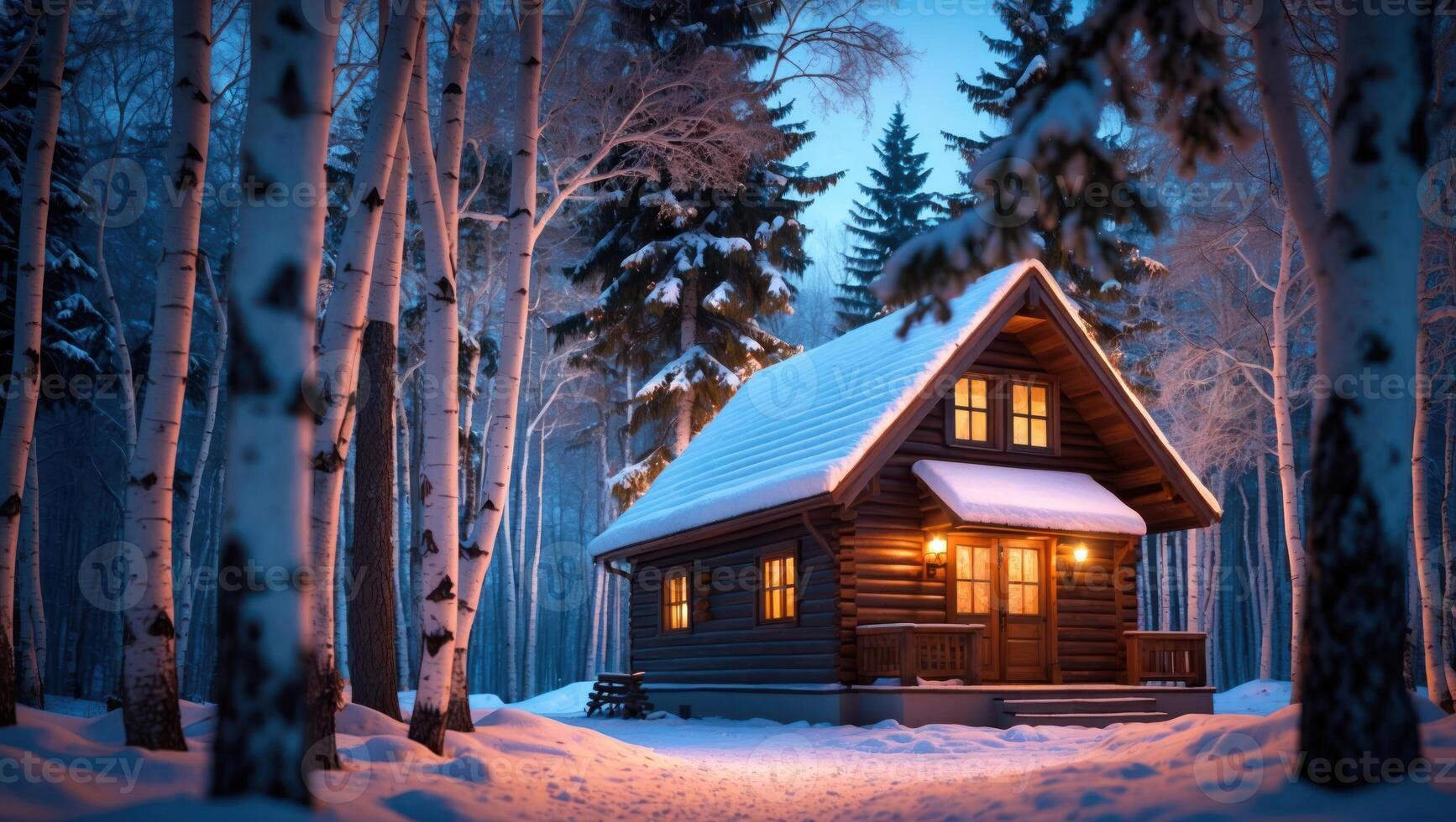 Cozy Cabin in Snowy Woods with Warm Glowing Light at Dusk photo