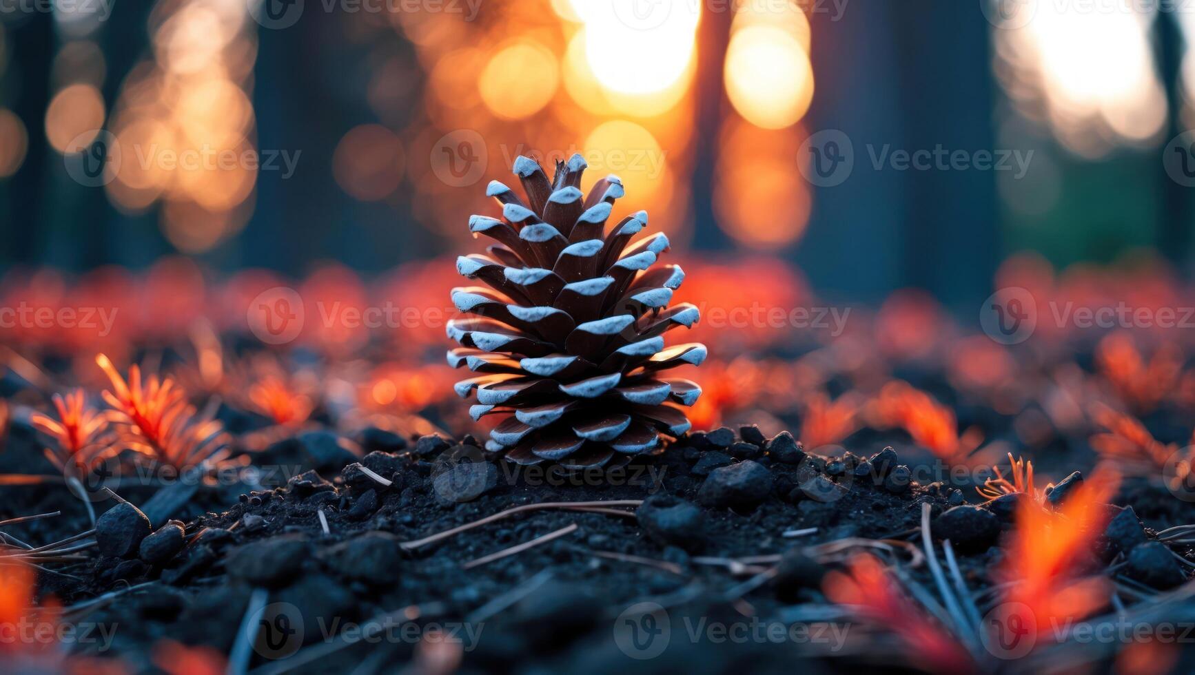 Pine Cone on Ground with Sunlight Forest Background at Dusk photo