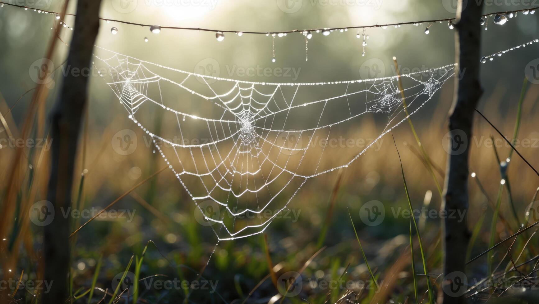 Spiderweb Covered in Water Droplets Hanging Between Two Wooden Posts photo