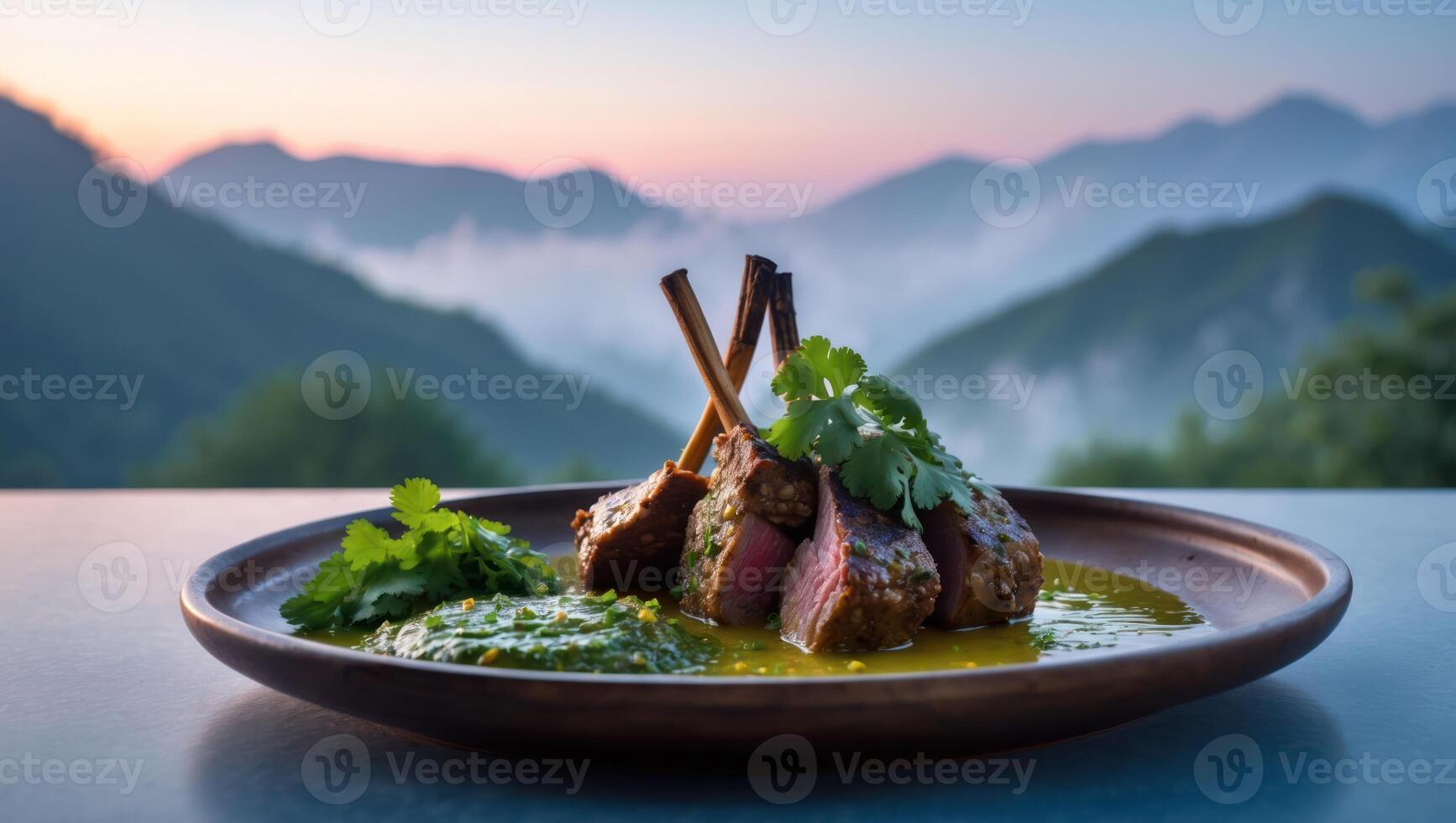 Lamb Chops Served on Plate with Scenic Mountain Background photo